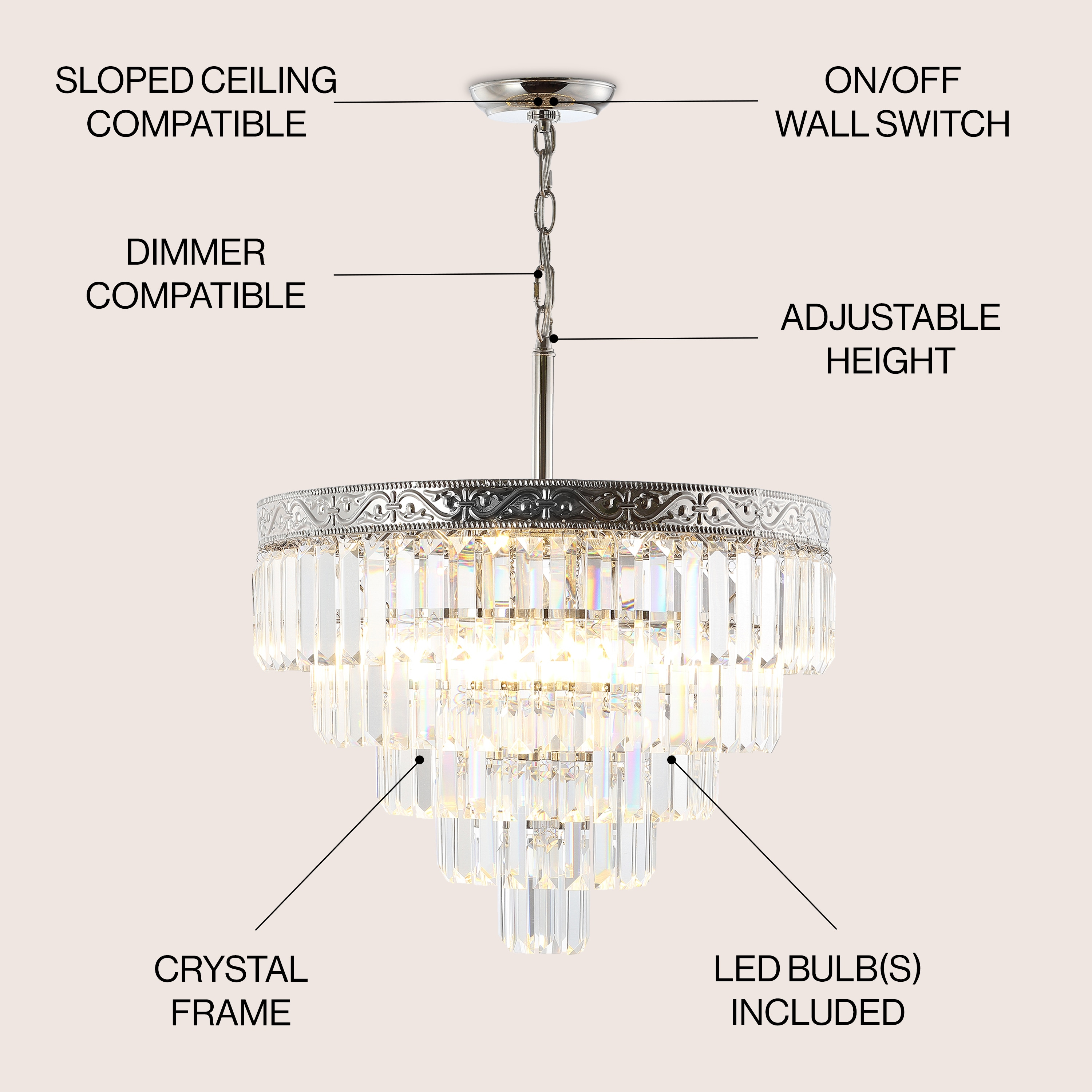 JONATHAN Y JYL9007A Wyatt 20" 4-Light Crystal LED Chandelier, Contemporary, Classic, Traditional for living room, dinning room, bedroom, office Bulb Included, Polished Nickel/ Clear