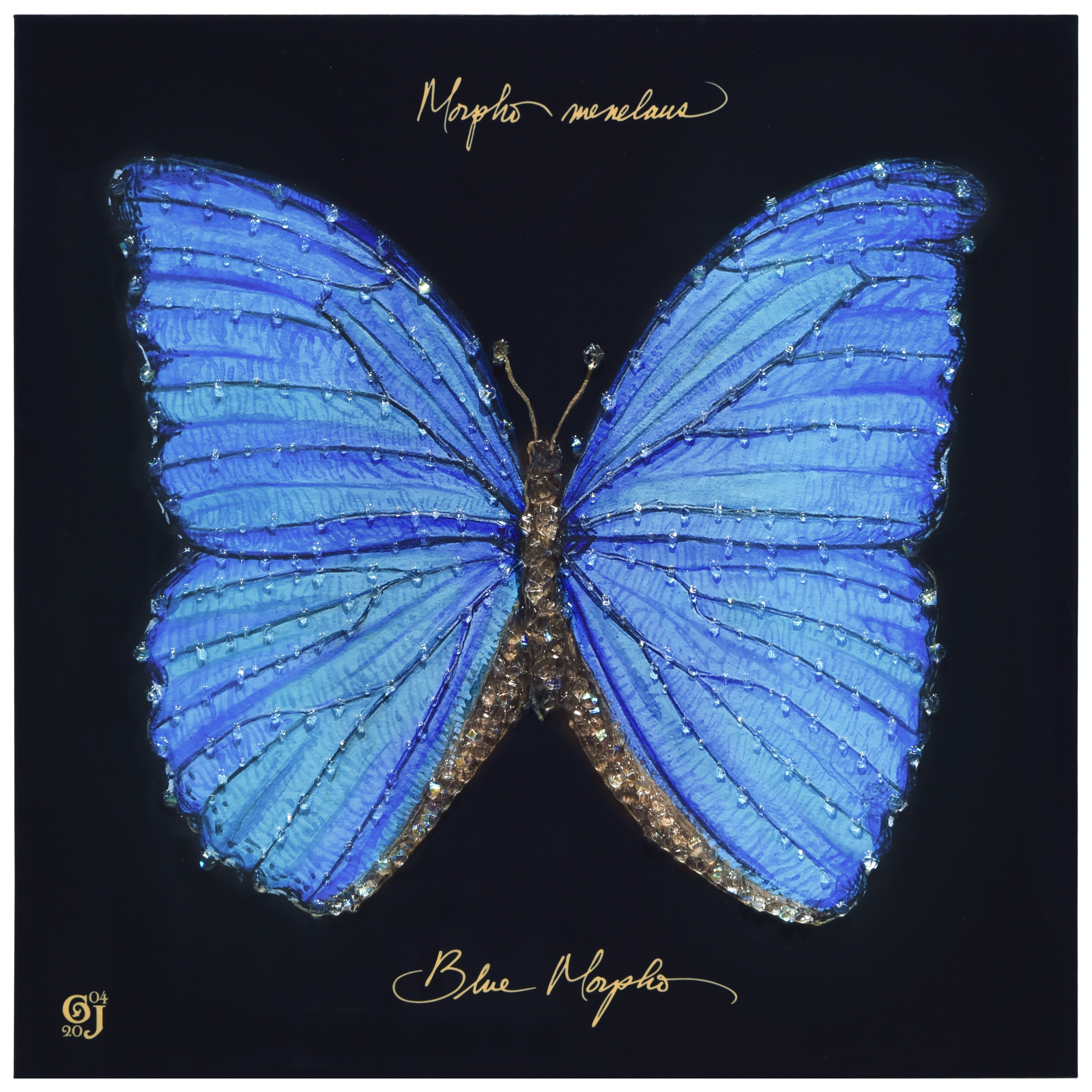 "Blue Monarch Elegance" Crystallus Epoxy Coated Wrapped Glossy Butterfly Canvas Wall Art with Heavy Acrylic Crystal Shards Embellishments