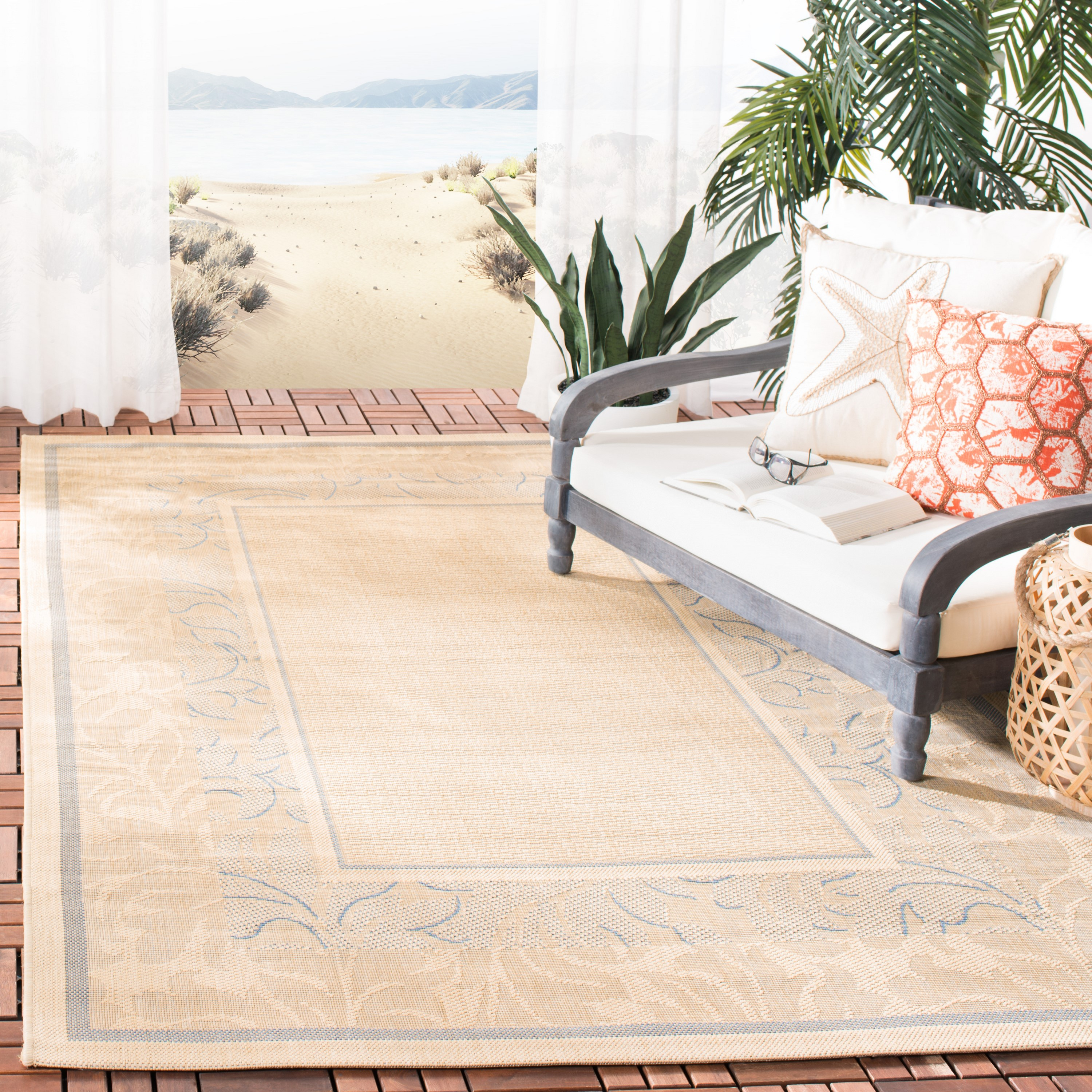 SAFAVIEH Courtyard Elija Traditional Indoor/Outdoor Area Rug, 2'7" x 5', Natural/Blue