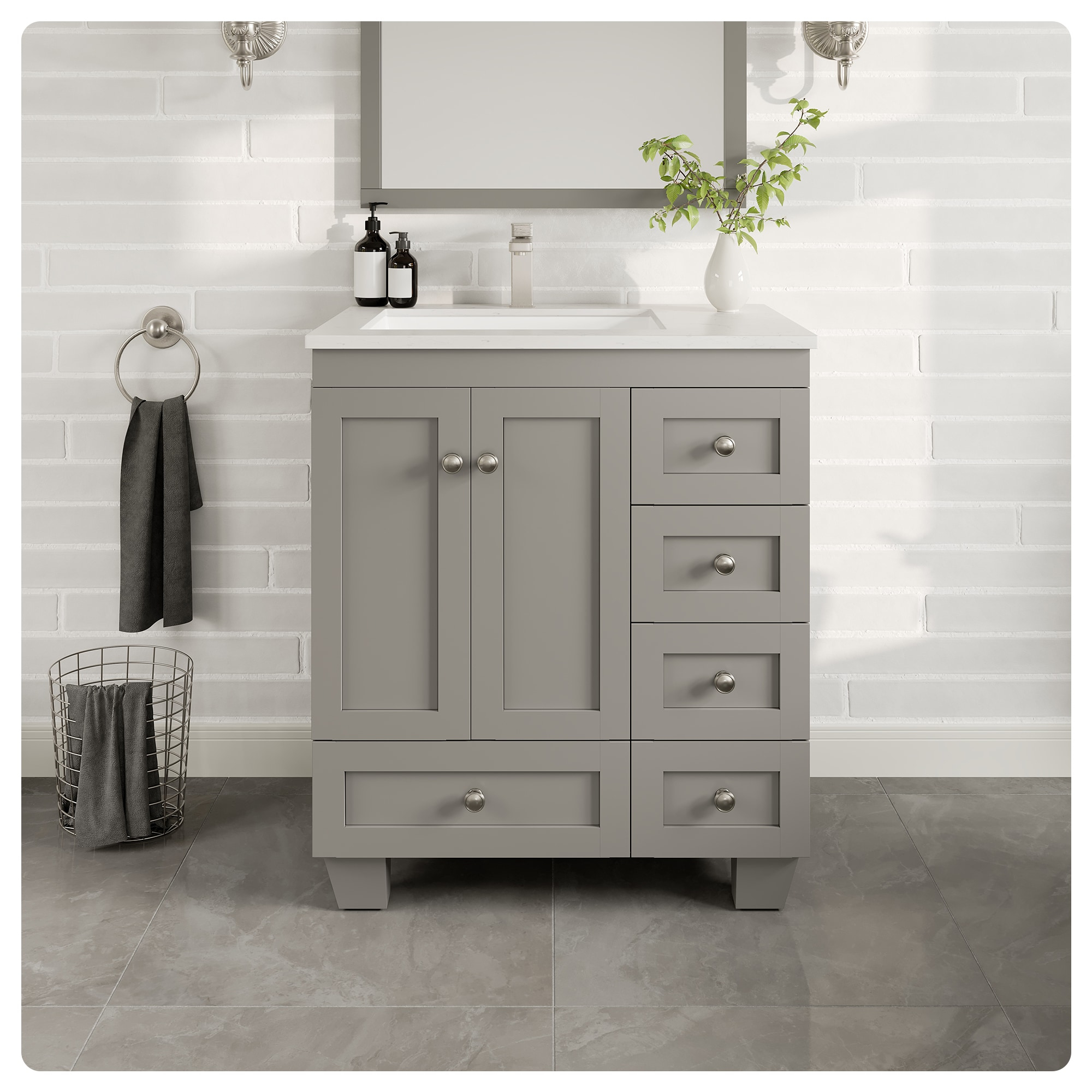 Eviva Happy 30" x 18" Transitional Gray Bathroom Vanity with White Carrara Marble Countertop