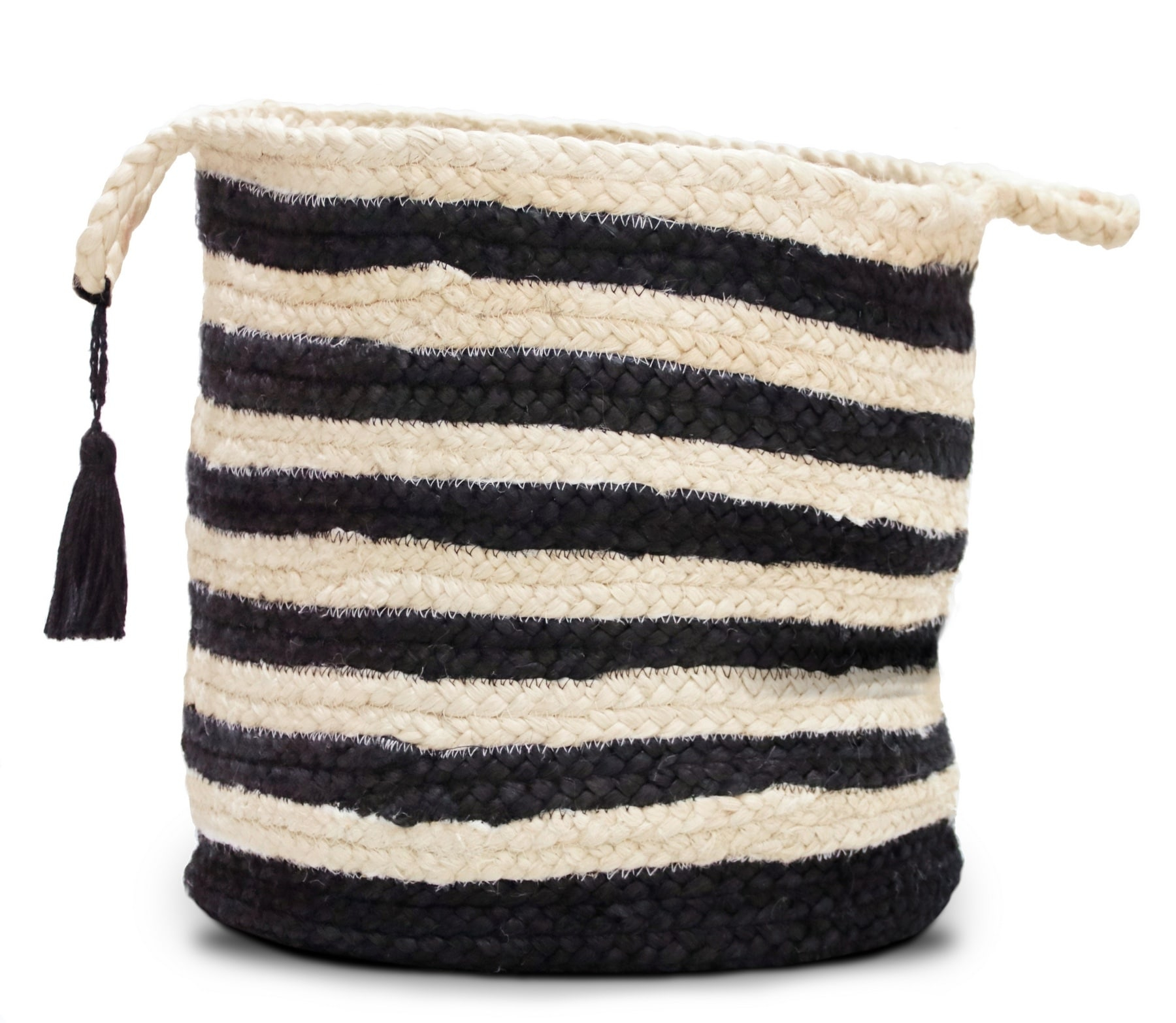 LR Home Woven Round Jute 17" Storage Basket with Handles, Black/White Multi Stripe
