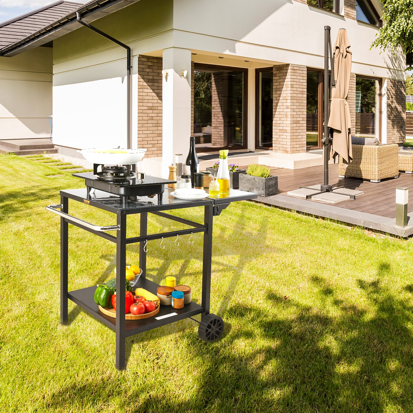 Black Iron Double-Shelf Outdoor Grill Dining Cart with Wheels