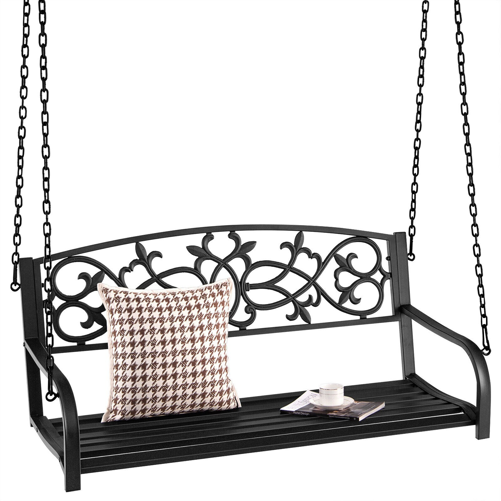 Kadyn Patio Swings for Porch,Comfortable Porch Swings,2-Person Outdoor Porch Metal Hanging Swing Chair with Sturdy Chains-Black