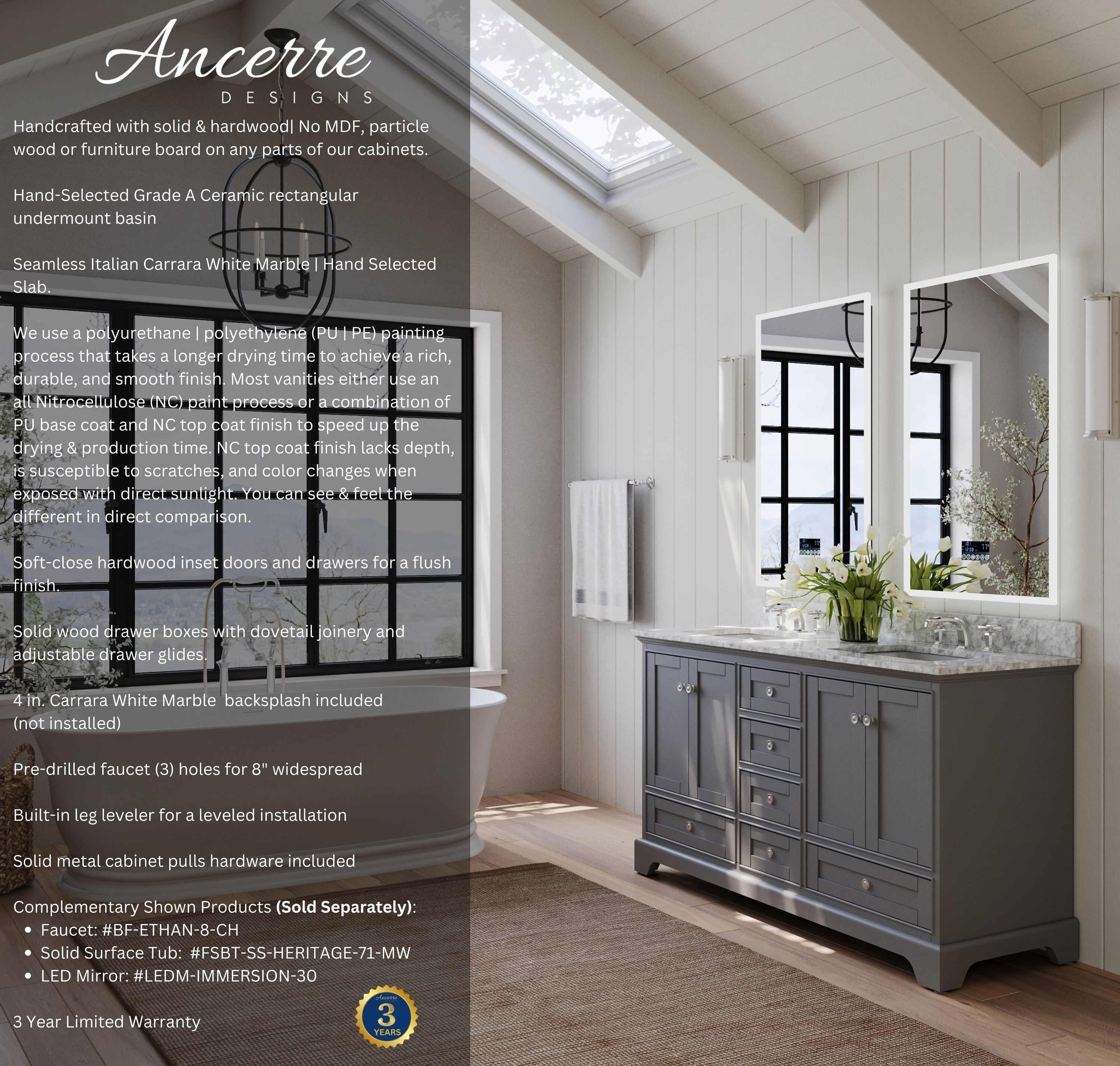 Audrey 60" Sapphire Gray Double Sink Vanity with Marble Top