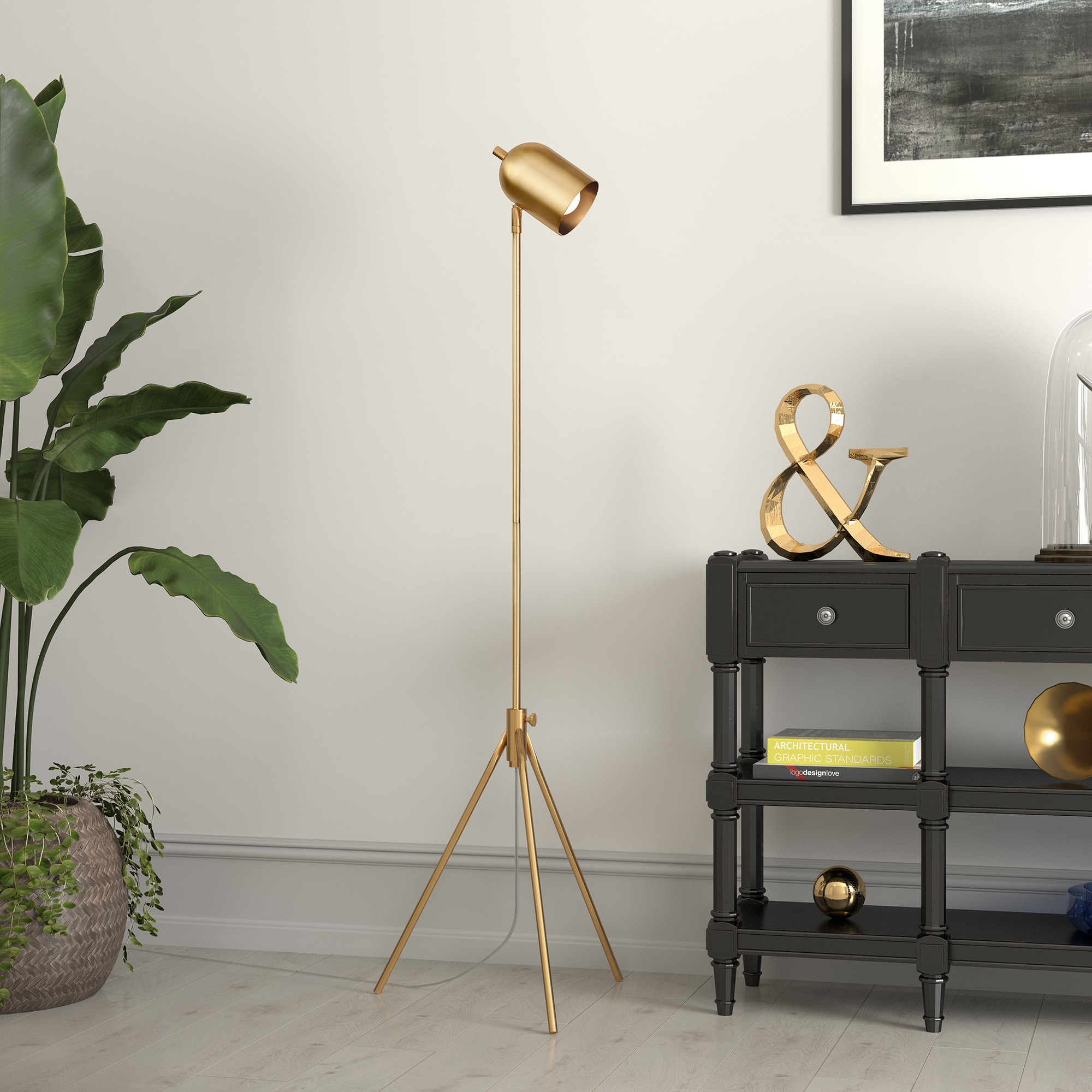 Evelyn&Zoe Bruno Tripod Floor Lamp with Metal shade in Brass/Brass