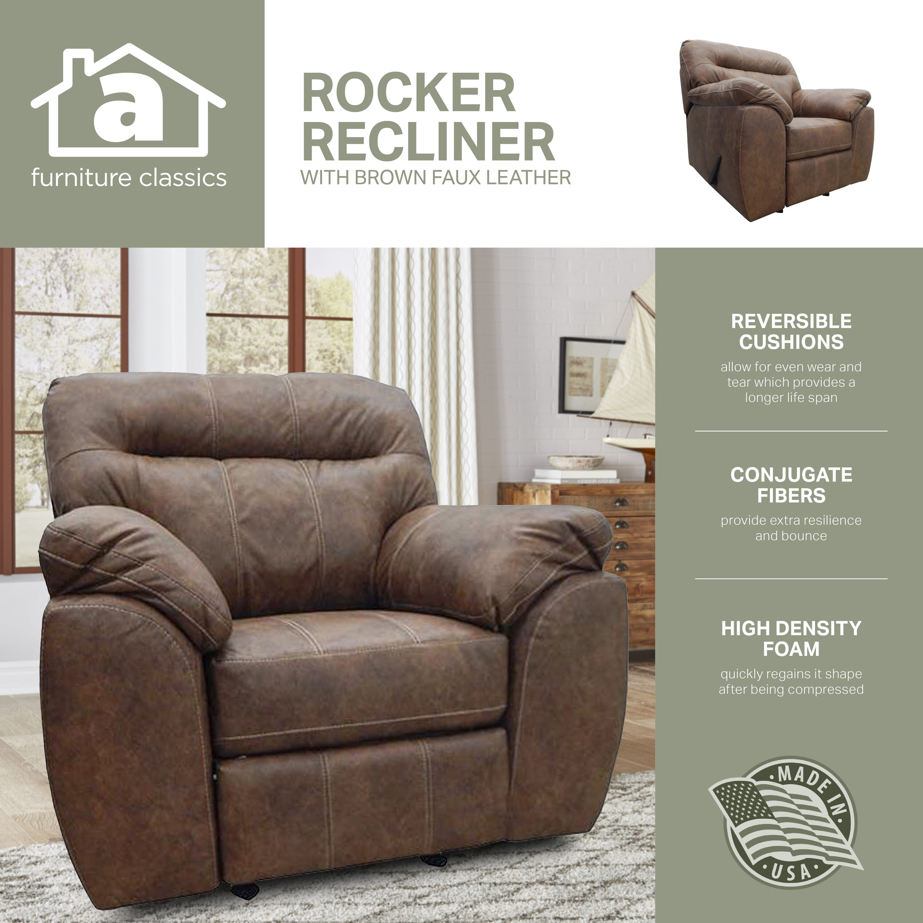 American Furniture Classics Model 8-03RR-A353V5 Rocker Recliner Chair in Brown Faux Leather