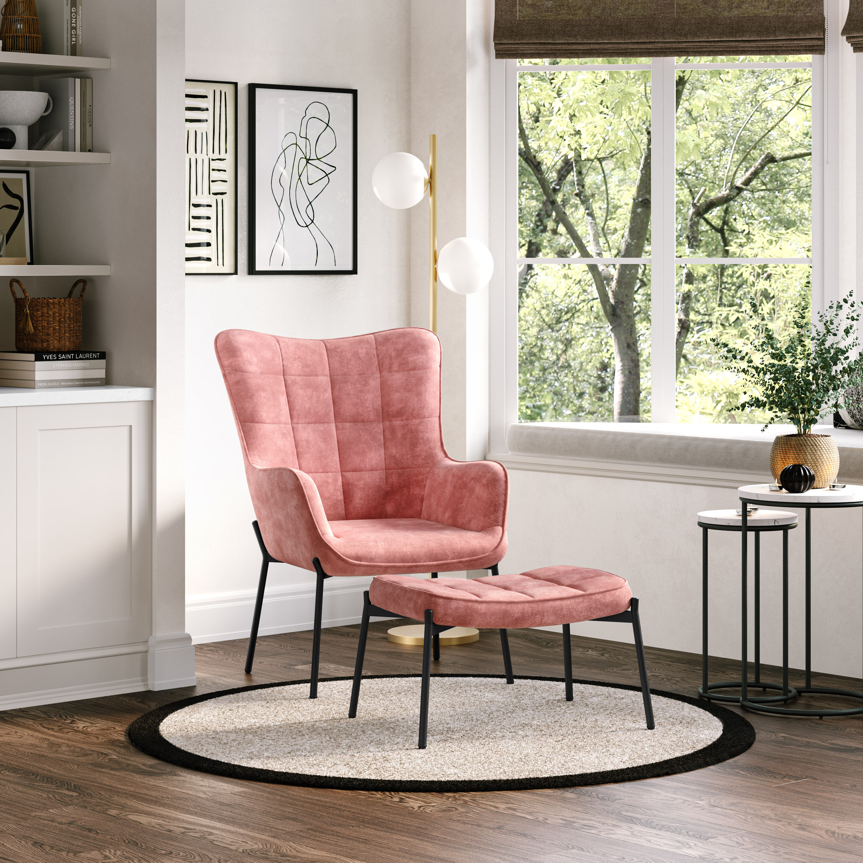Charlotte Salmon Pink Velvet Fabric Wingback Accent Chair with Foot Stool