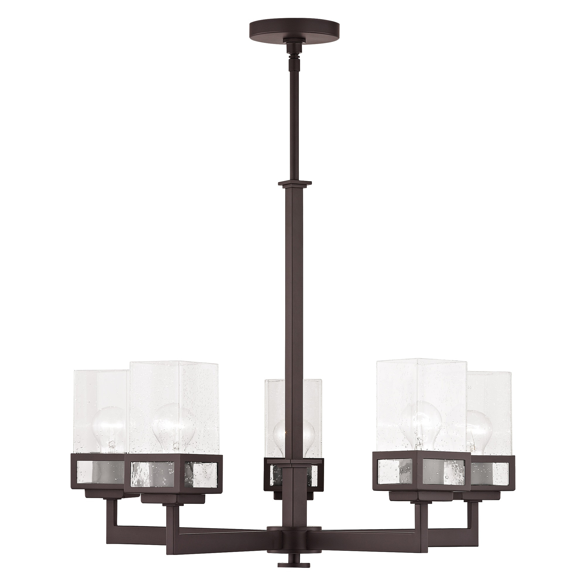 5 Light Bronze Chandelier with Hand Blown Clear Seeded Glass Shade