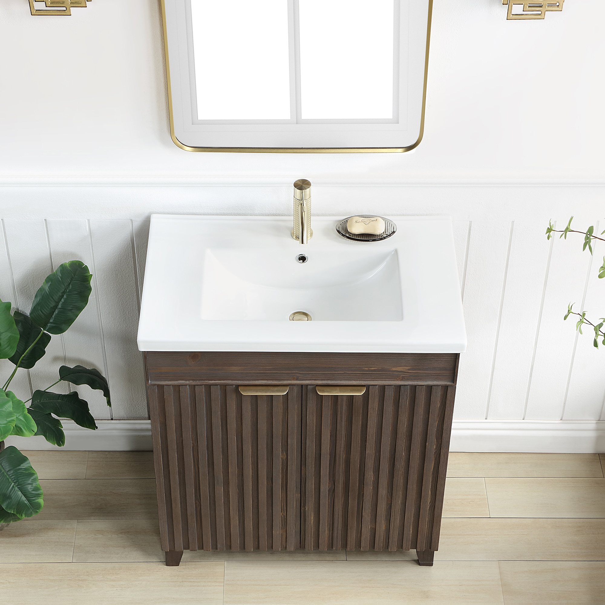 Palos 30" Single Bath Vanity in Spruce Antique Brown with White Ceramic Basin