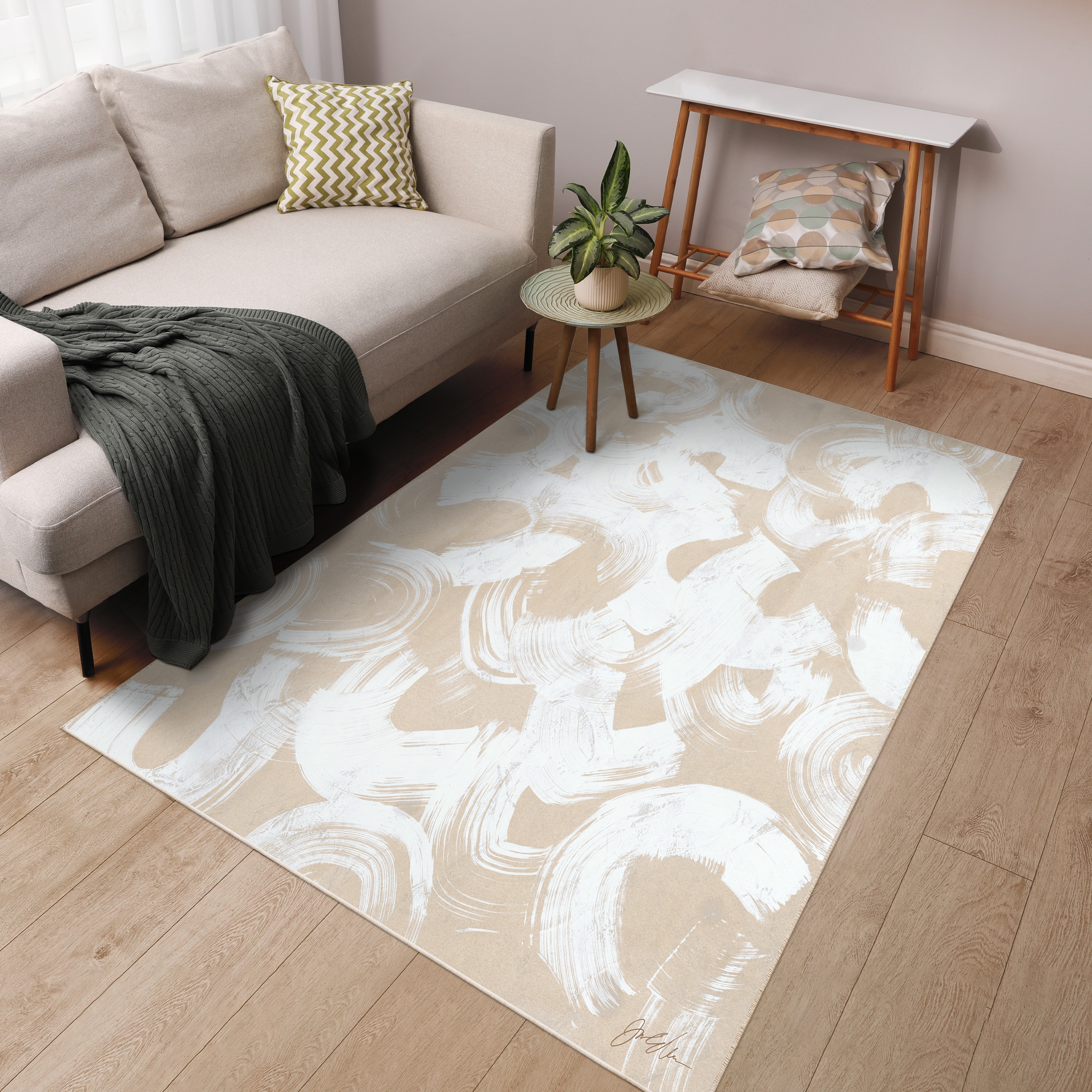 Swish Stone I Washable Abstract Art Area Rug size 5'x8'