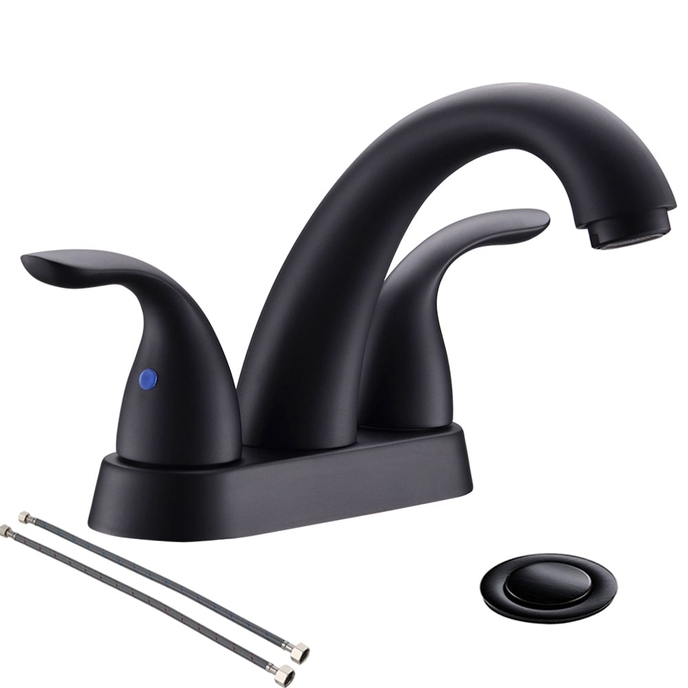Phiestina 4 Inch 2 or 3 Holes 2 Handles Centerset Matte Black Lead-Free Bathroom Sink Faucet, Bathroom Faucet with Copper Pop Up Drain and Water Supply Lines, BF008-5-MB