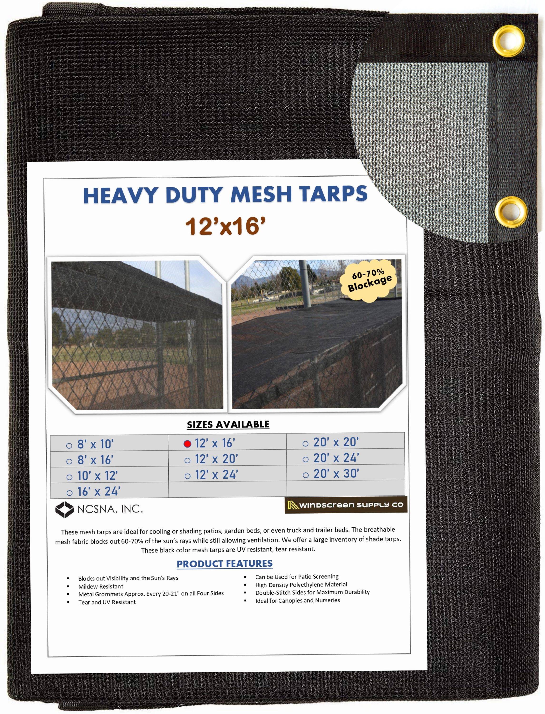 WindscreenSupplyCo Heavy Duty 12' x 16' Black Knitted Mesh Tarp with Grommets 60-70% Shade