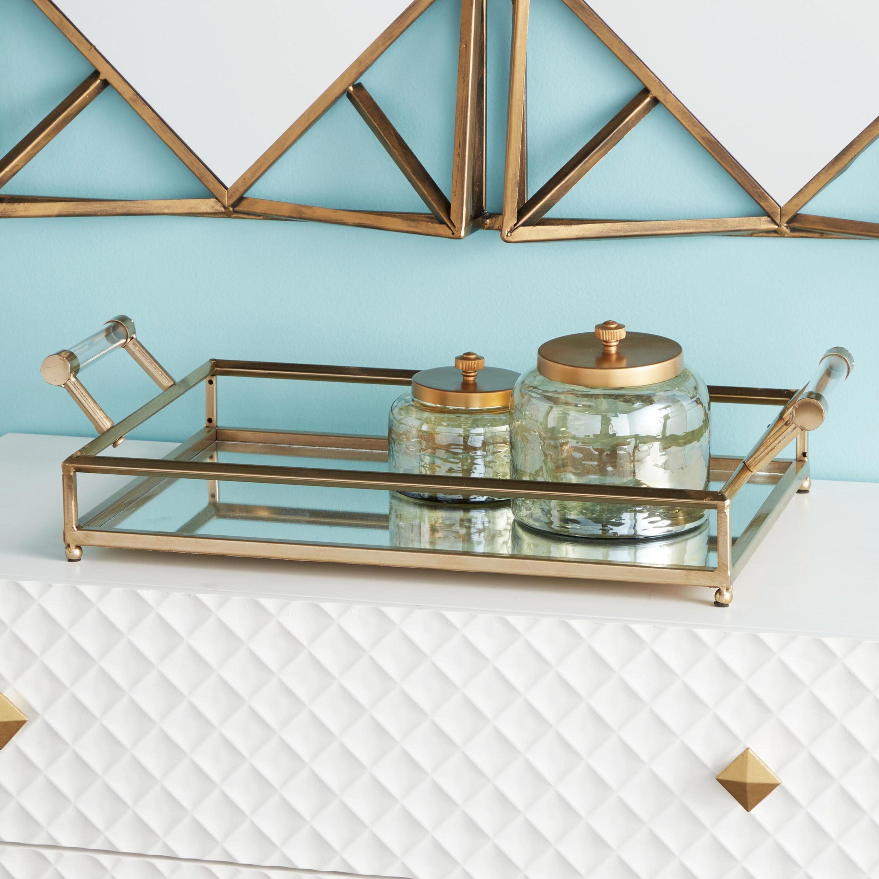 CosmoLiving by Cosmopolitan 22" x 12" Gold Metal Mirrored Tray with Acrylic Handles, 1-Piece