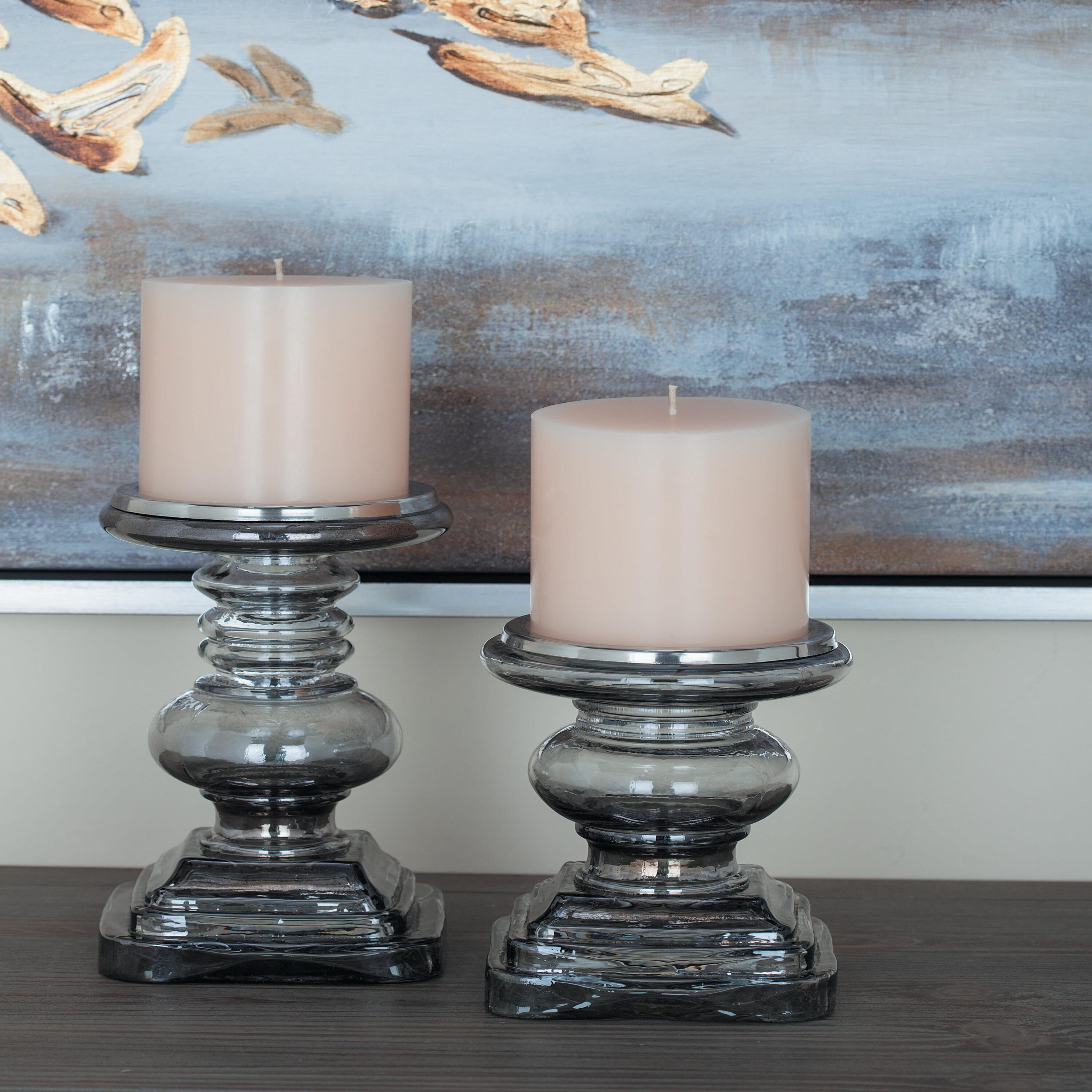 DecMode 2 Candle Silver Glass Handmade Turned Style Pillar Candle Holder, Set of 2