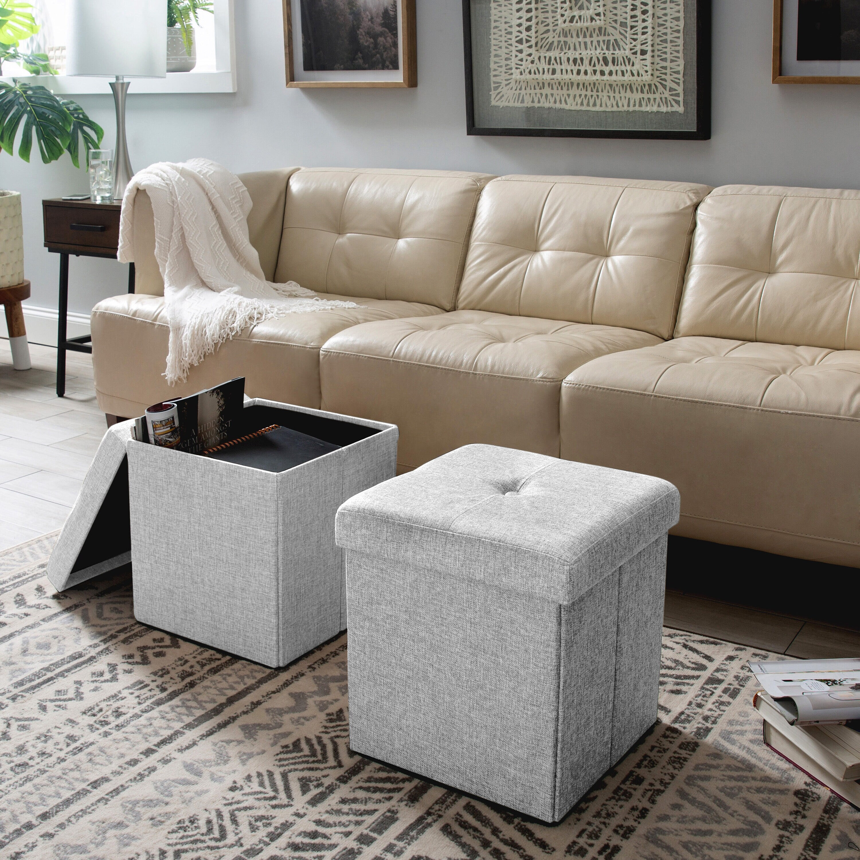 Simplify Faux Linen Folding Storage Ottoman Cube, Gray