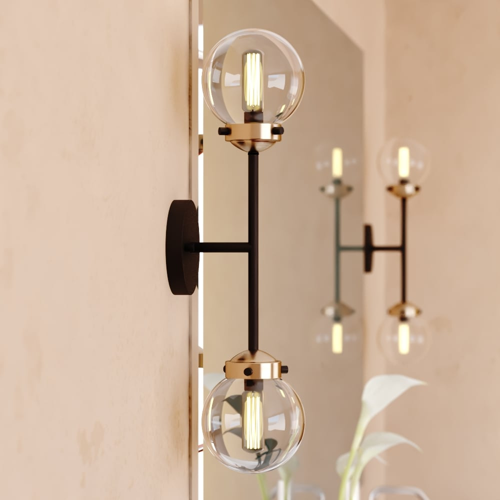 Vaxcel Orbit 2 Light Brass and Oil Rubbed Bronze Industrial MCM Wall Sconce Clear Glass Globe
