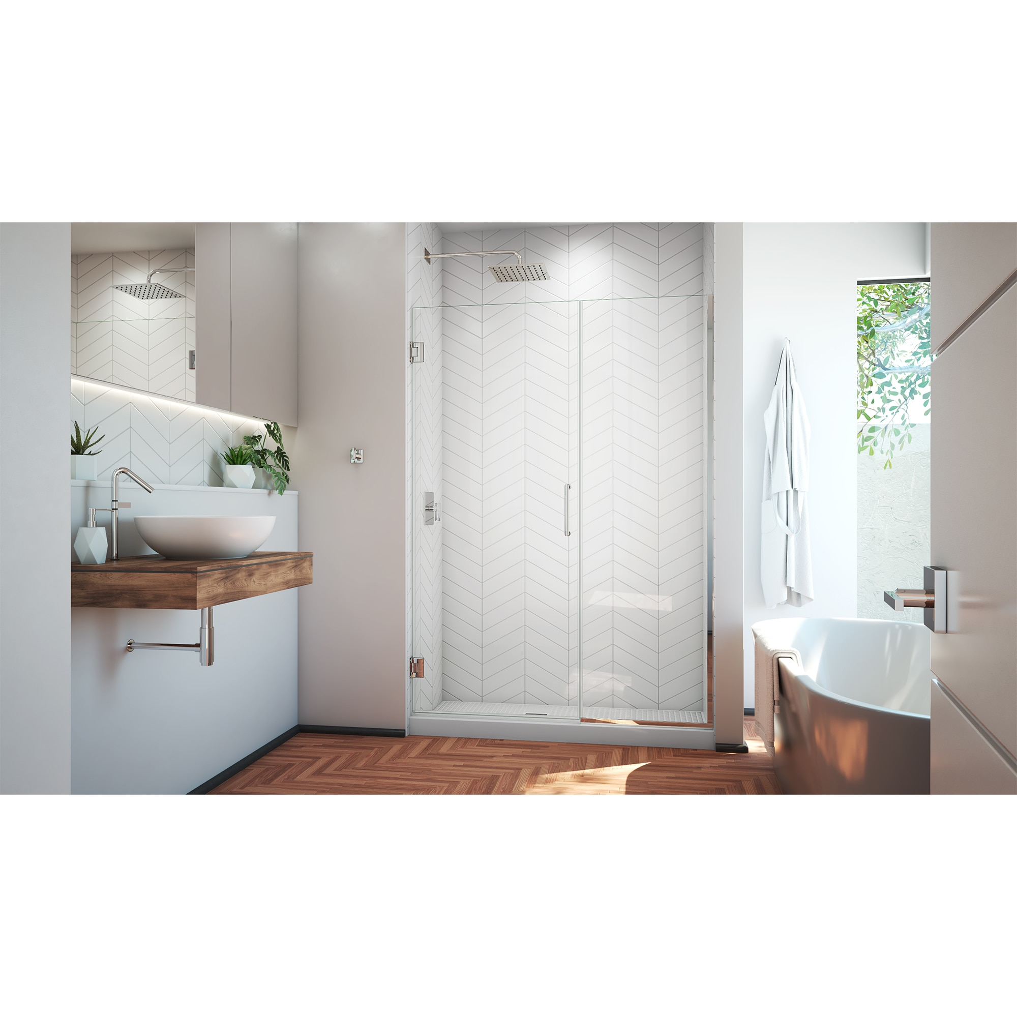 DreamLine Unidoor Plus Chrome 46-in to 46-1/2-in W x 72.0-Inches H Frameless Hinged Shower door 3/8-in Thick Clear Glass