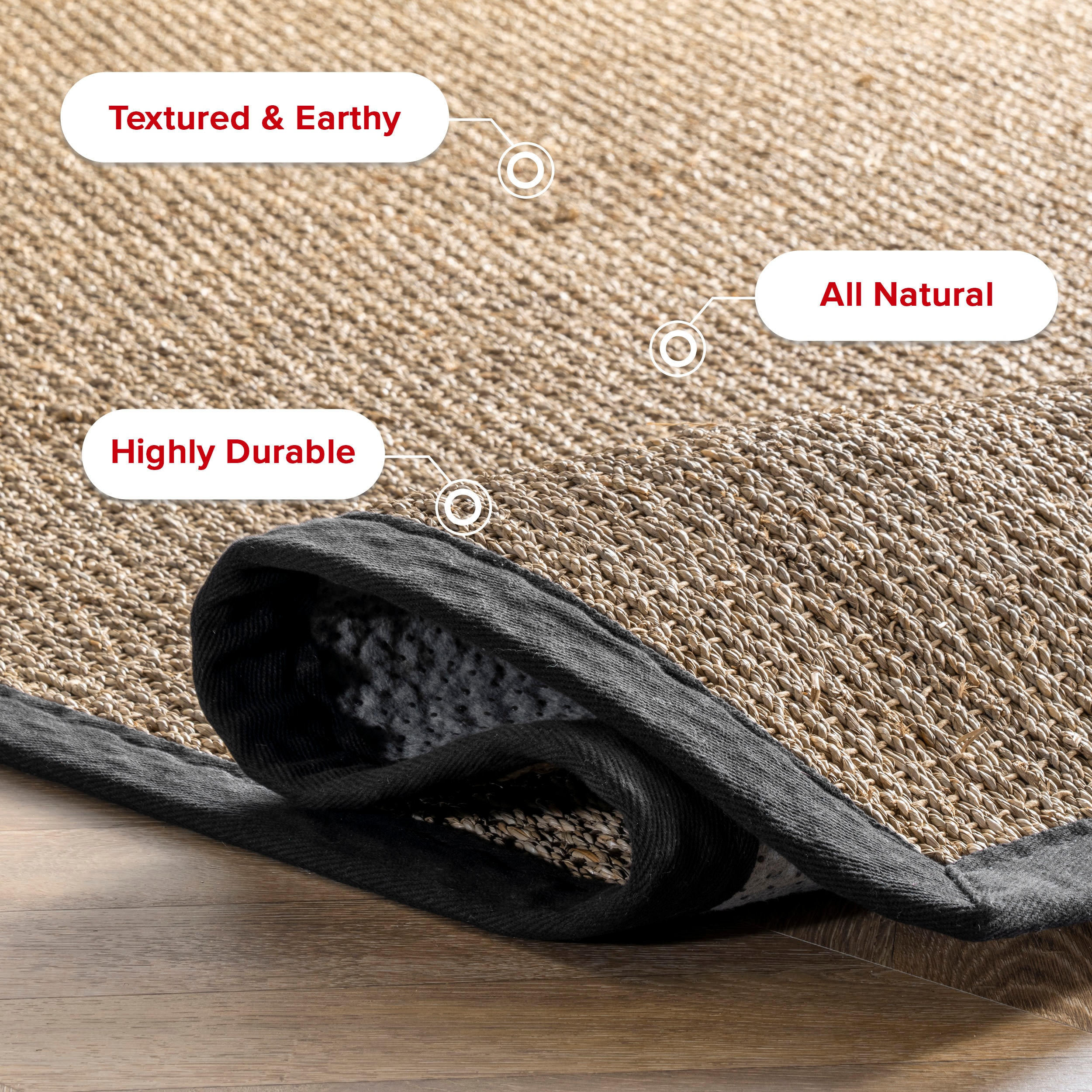 nuLOOM 3x5 Elijah Seagrass Area Rug, Black, Solid Farmhouse Style, Cotton Bordered, Basketweave, Natural Fiber, For Bedroom, Dining Room, Living Room, Hallway, Office, Kitchen, Entryway