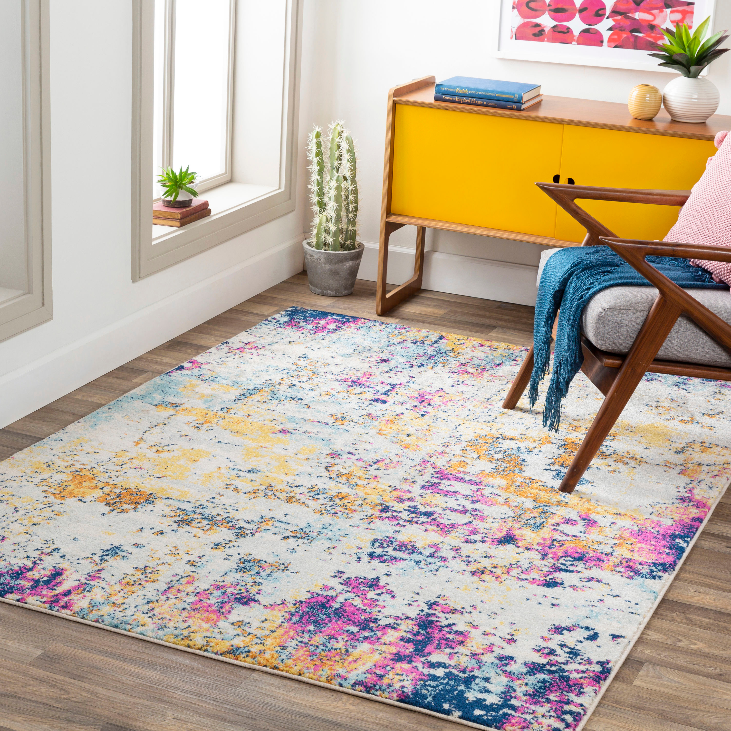 Livabliss Sunderland 5 x 7 (ft) Polypropylene Yellow/Pink Rectangular Indoor Abstract Mid-Century Modern Area rug