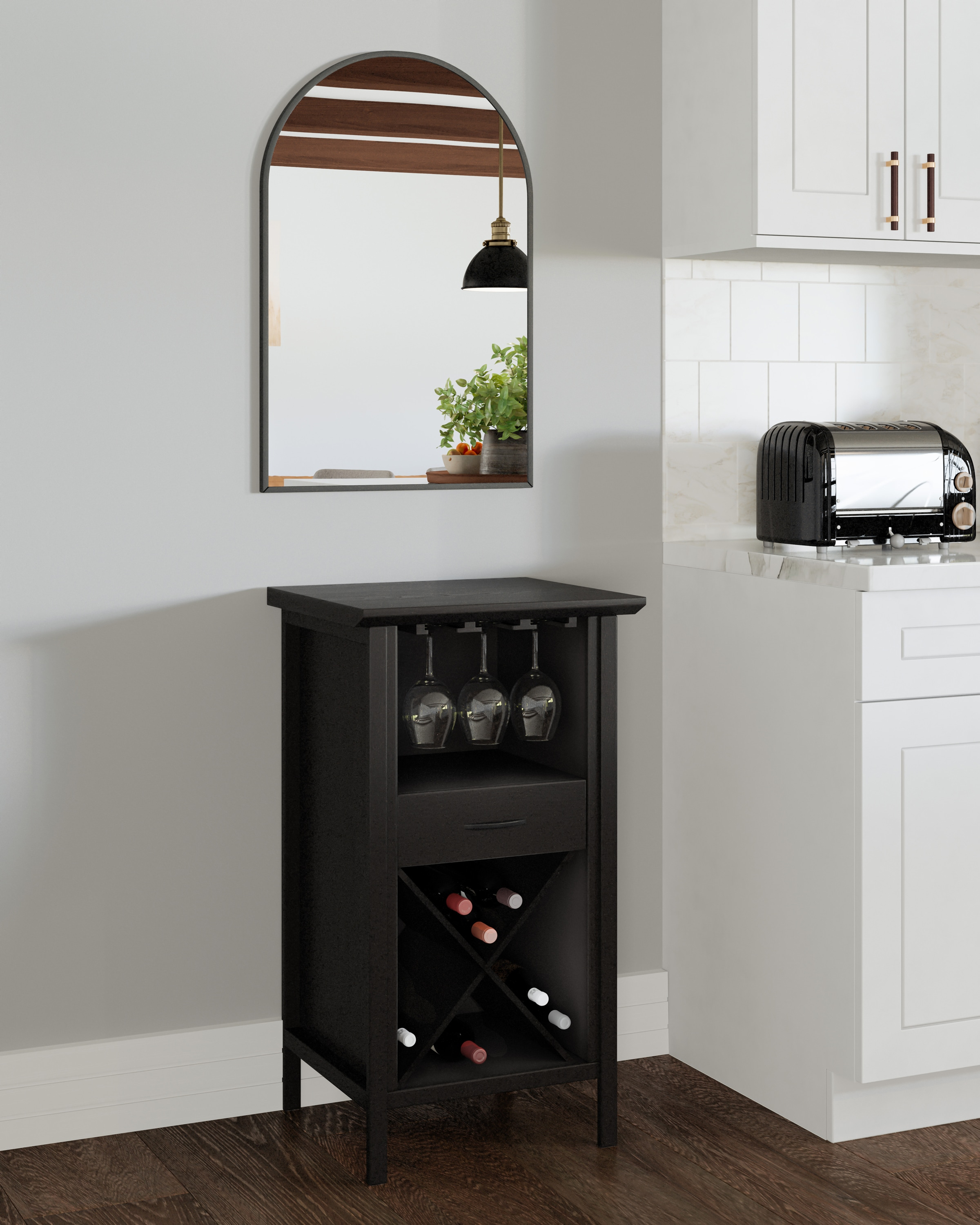 Leick Home Leah Mini Bar Cabinet for Stemware and Bottle Storage, Black