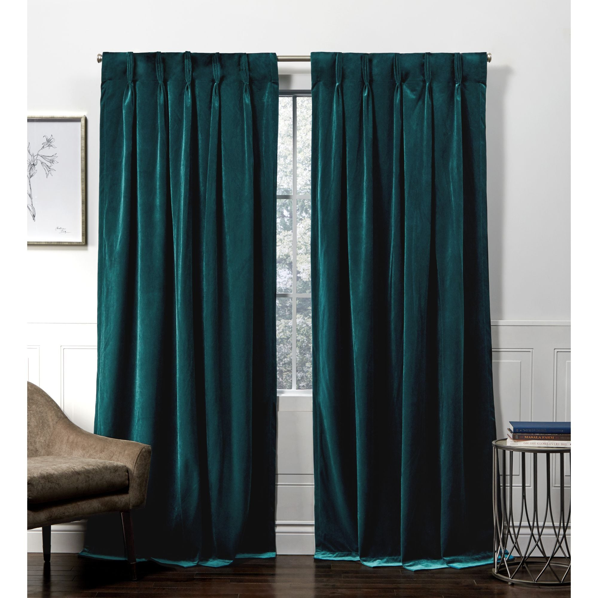 TOWN & COUNTRY LUXE Velour Solid Heavyweight Indoor Curtains, Light Filtering Opacity, Triple Pinch Pleat Top, Plush Velvet, 2-Pack Set, 27"x84", Teal