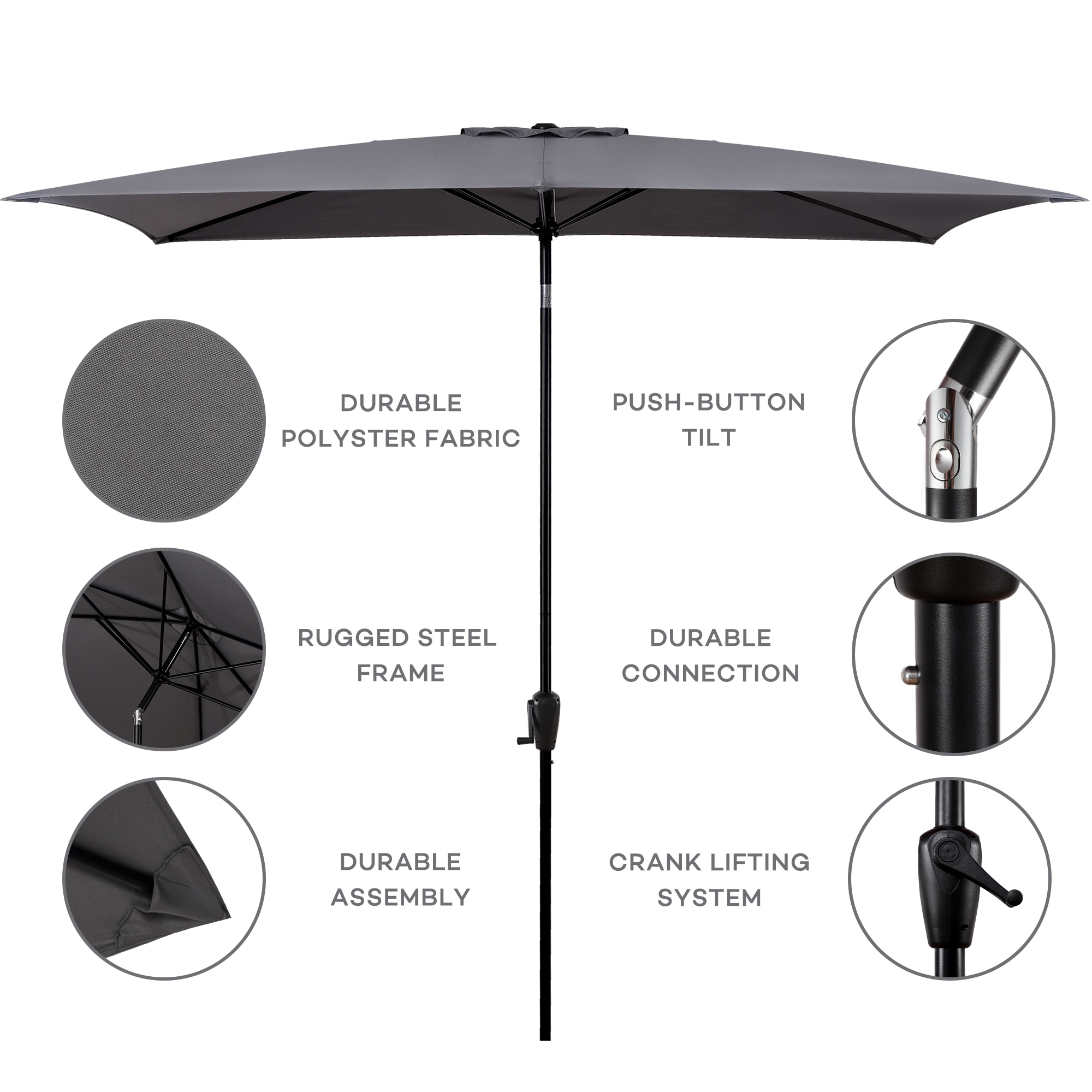 Sun-Ray 6.6x10 FT Rectangular Patio Umbrella with Push-Button Tilt and Hand Crank Canopy Lift, Table Umbrella with Solution Dyed Navy Fabric for Porch, Deck, Garden, and Swimming Pool, Grey