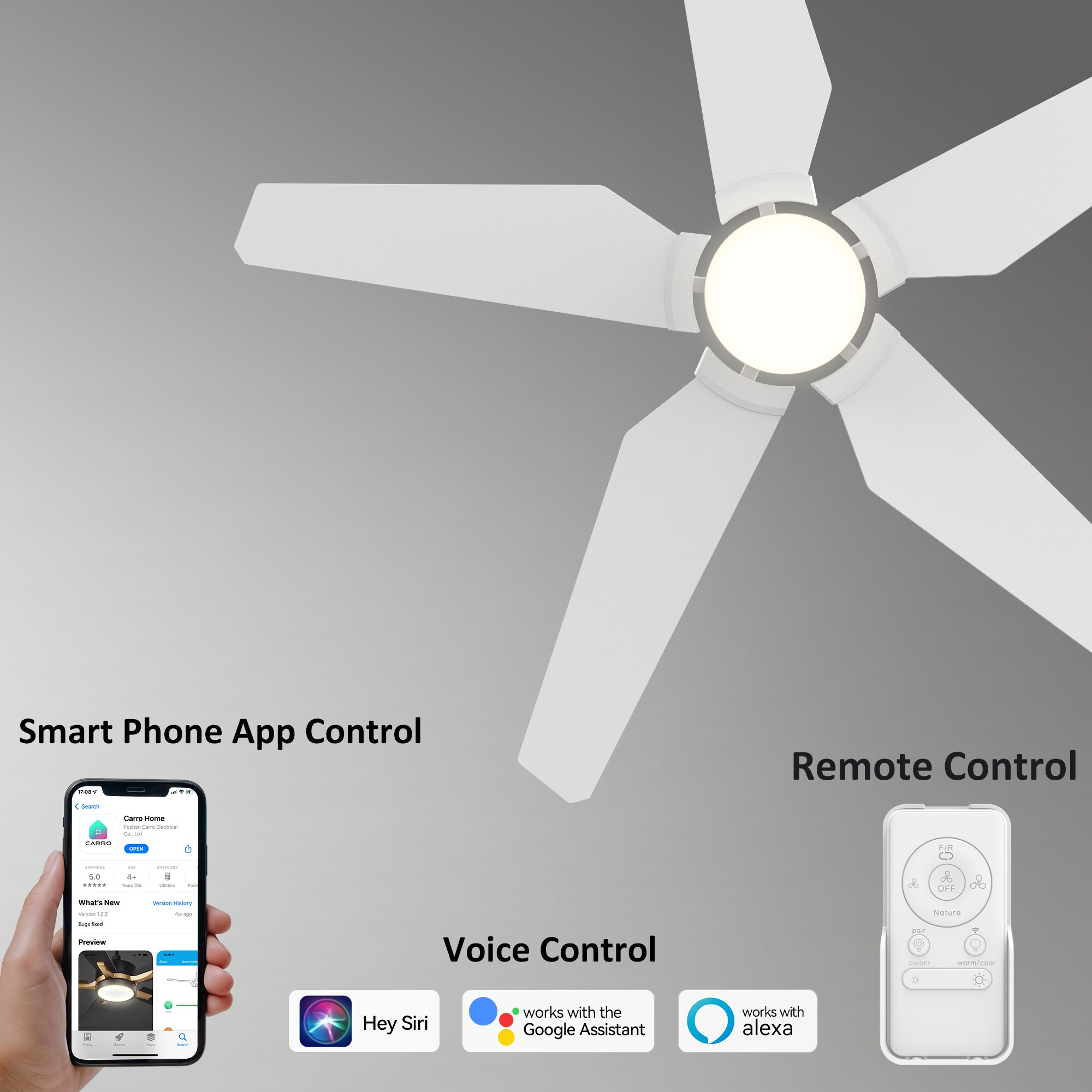 48" 5 Blade White Wifi Ceiling Fan with Light and Remote for Smart Home