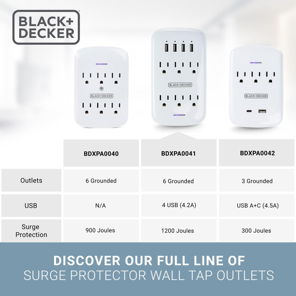 Black + Decker Surge Protector Wall Tap 6 Outlets + 4 USB