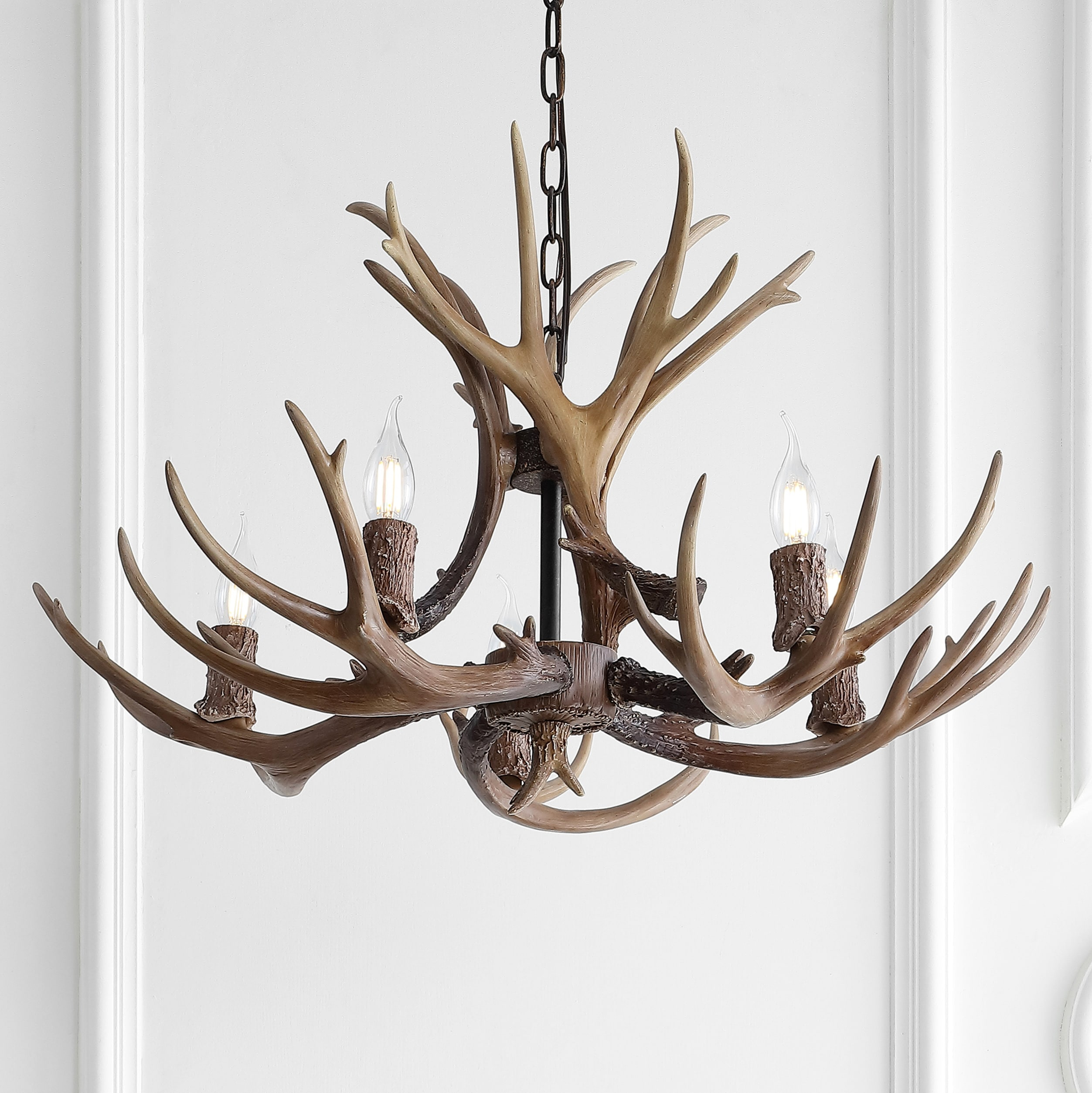 JONATHAN Y JYL6300A Eldora 30" Adjustable Resin Antler 5-Light LED Chandelier, Farmhouse, Rustic, Cottage, Transitional for living room, dinning room, bedroom, office Bulb Included, Brown