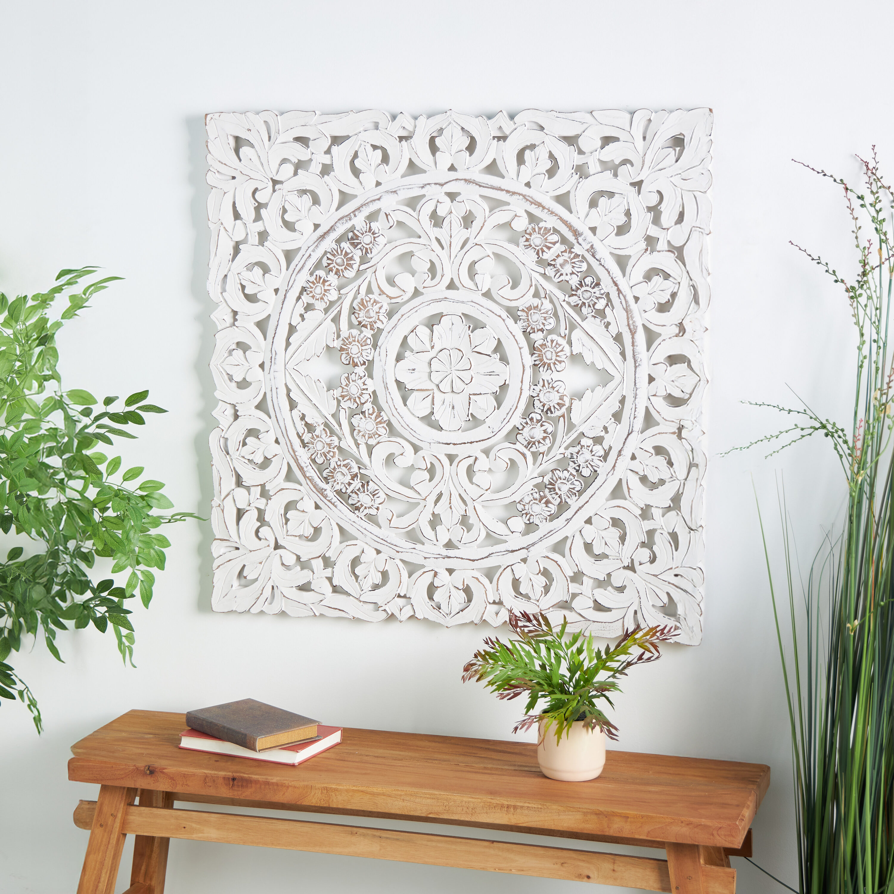 DecMode Traditional Wood Square White Handmade Wall Décor with Carved Mandala Design, 36"W x 36"H