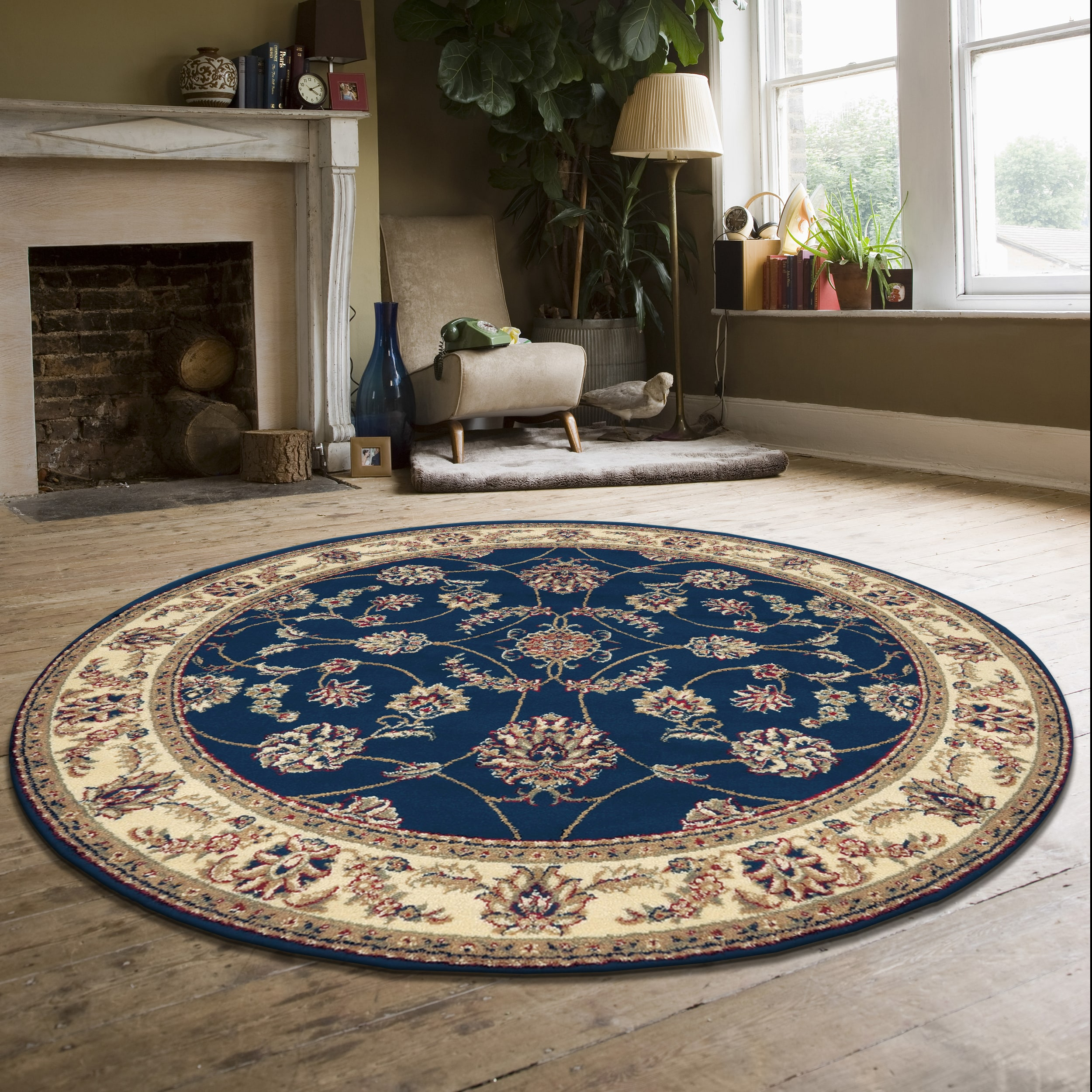 Radici Usa Como Area Rug 1596 Navy Vines Leaves 5' 3" x 5' 3" Round