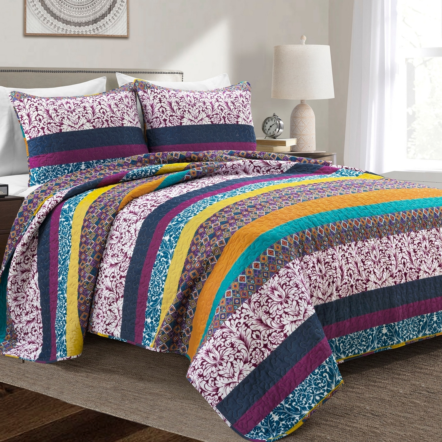 Boho Stripe Reversible Cotton Full/Queen Quilt Set in Plum and Yellow