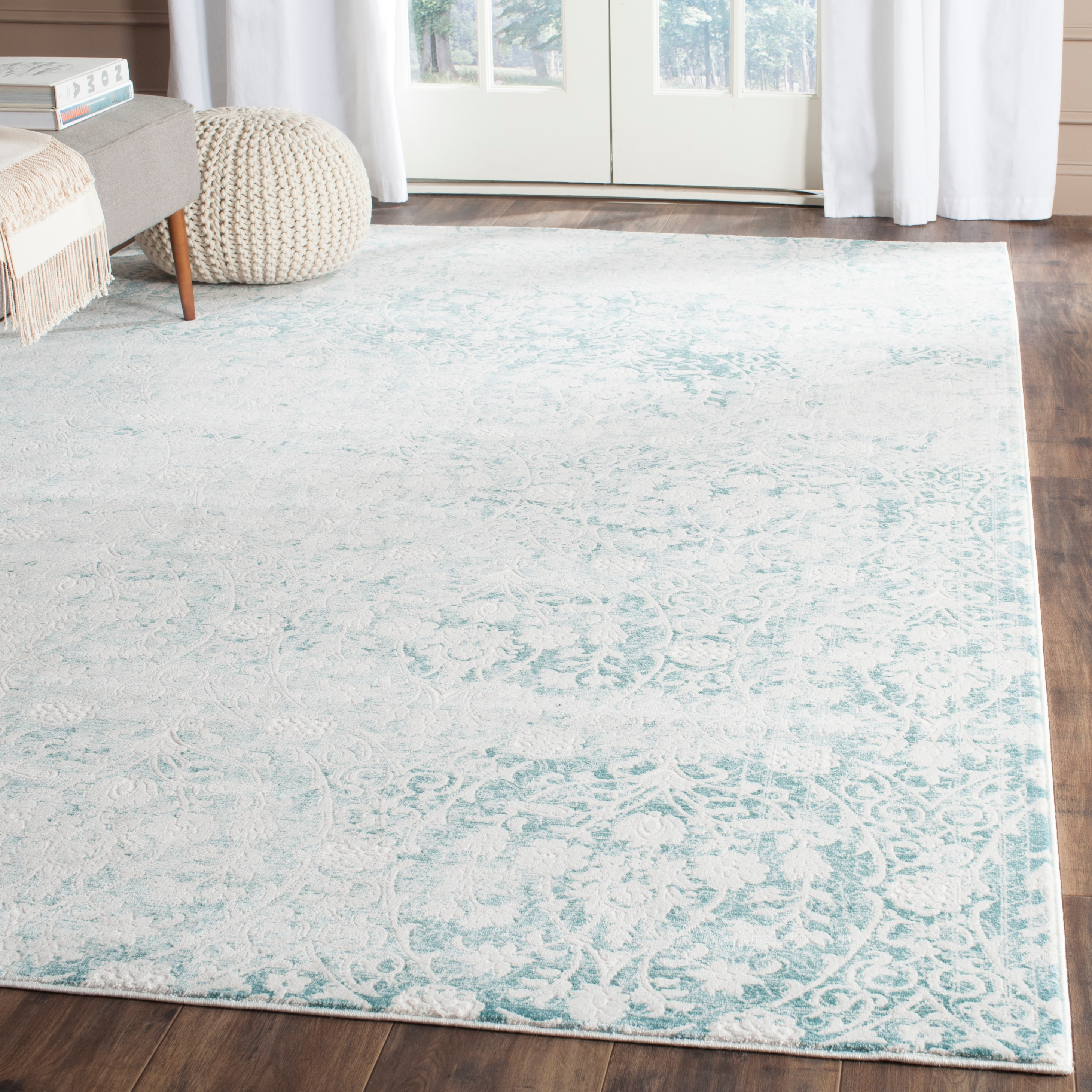 SAFAVIEH Passion Madrid Faded Damask Area Rug, Turquoise/Ivory, 8' x 11'