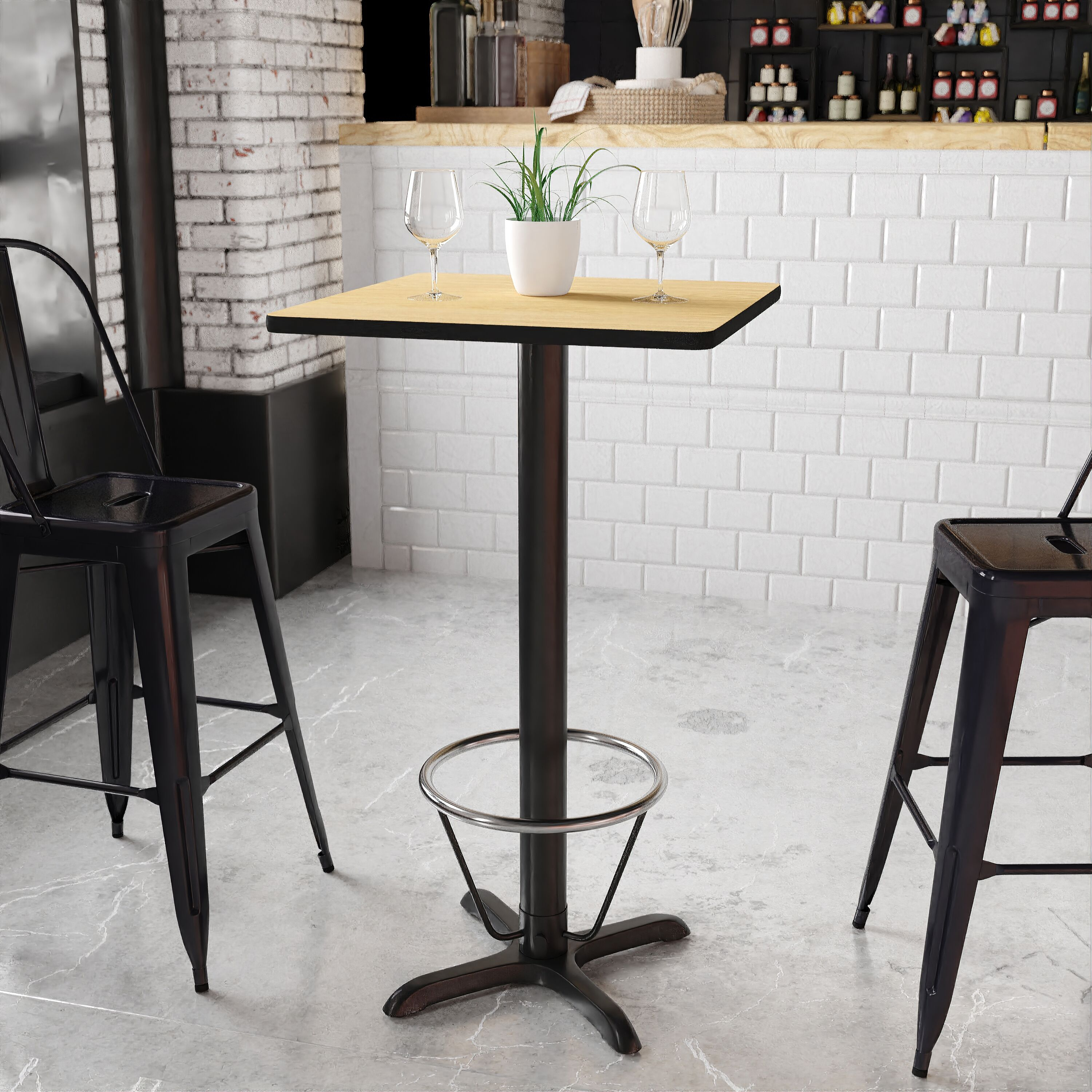 Flash Furniture 24'' Square Natural Laminate Table Top with 22'' x 22'' Bar Height Table Base and Foot Ring