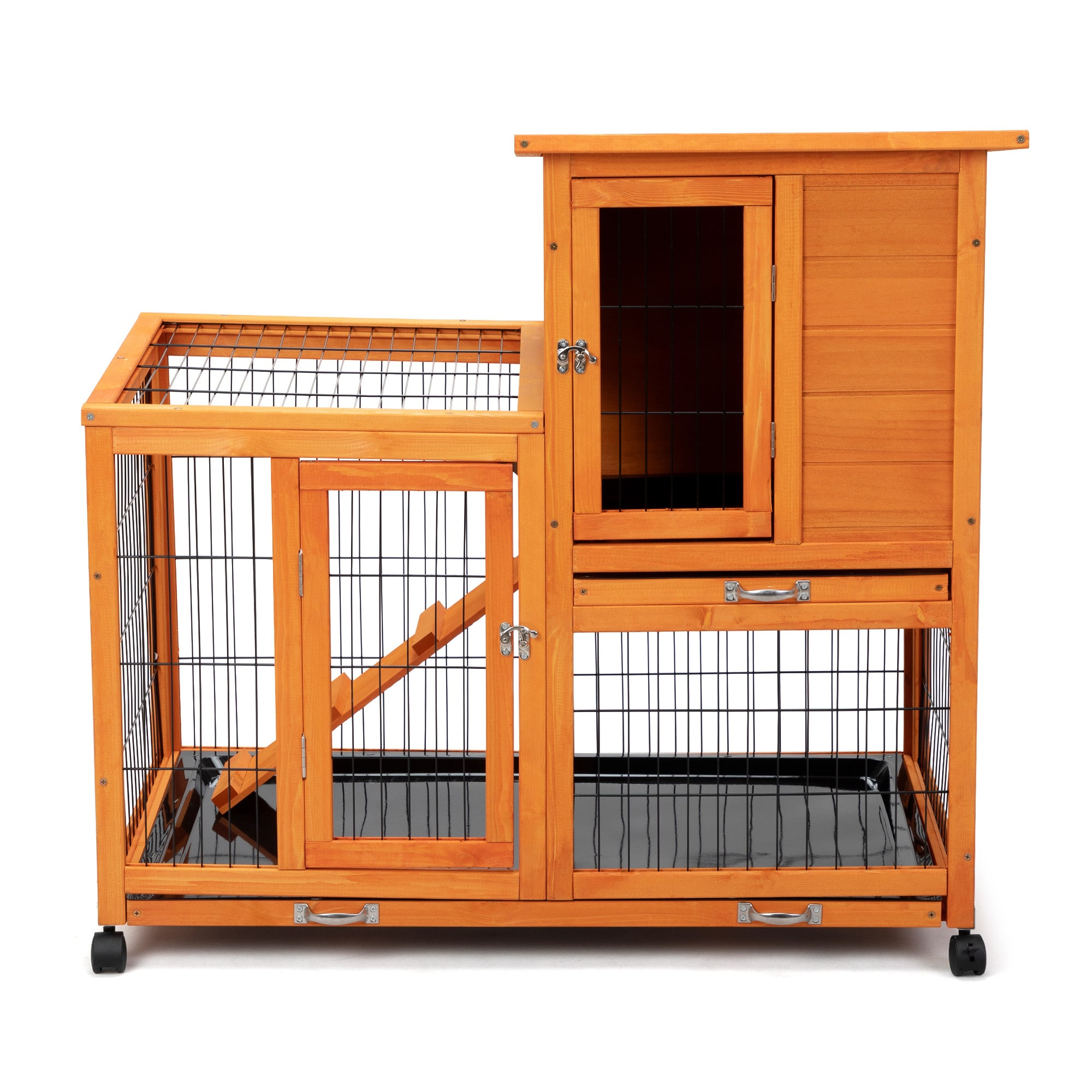 COZIWOW Wooden Rabbit Hutch Hamster Habitat Bunny House Outdoor w/ 4 Casters 2 Cleaning Trays