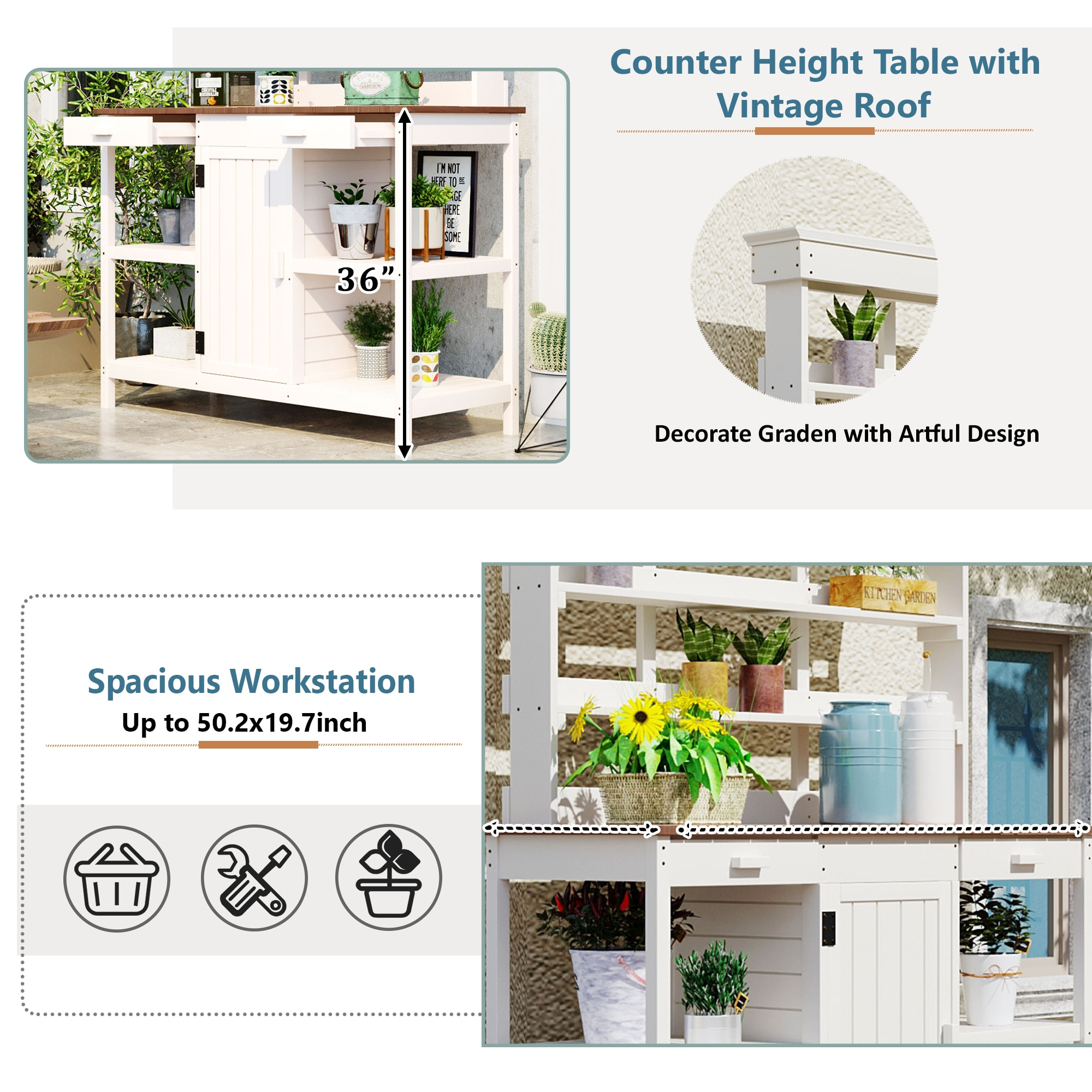 Large White Fir Wood Outdoor Potting Bench with Drawers