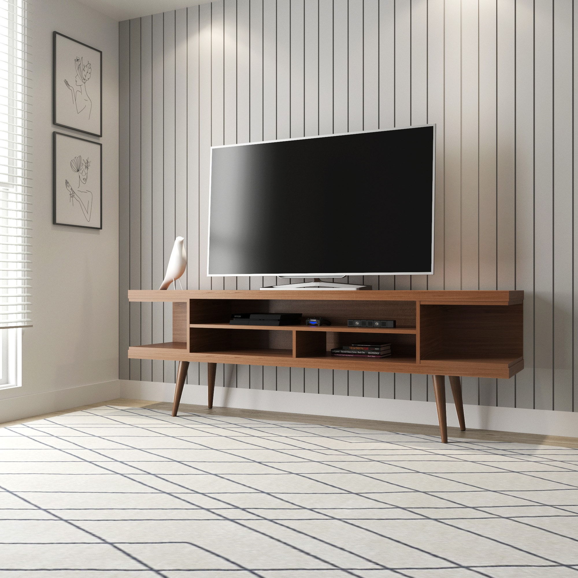 Maple Cream Mid-Century Modern TV Stand with Graduated Legs