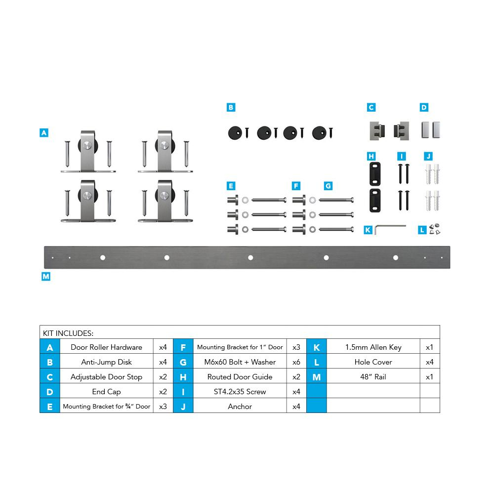 Architectural Products 48" Mini Barn Door Hardware Kits for Double Cabinet Doors Top Mount Design in Stainless Steel FSDH-TOPMT-SS-4-DD trimmable down to 43"