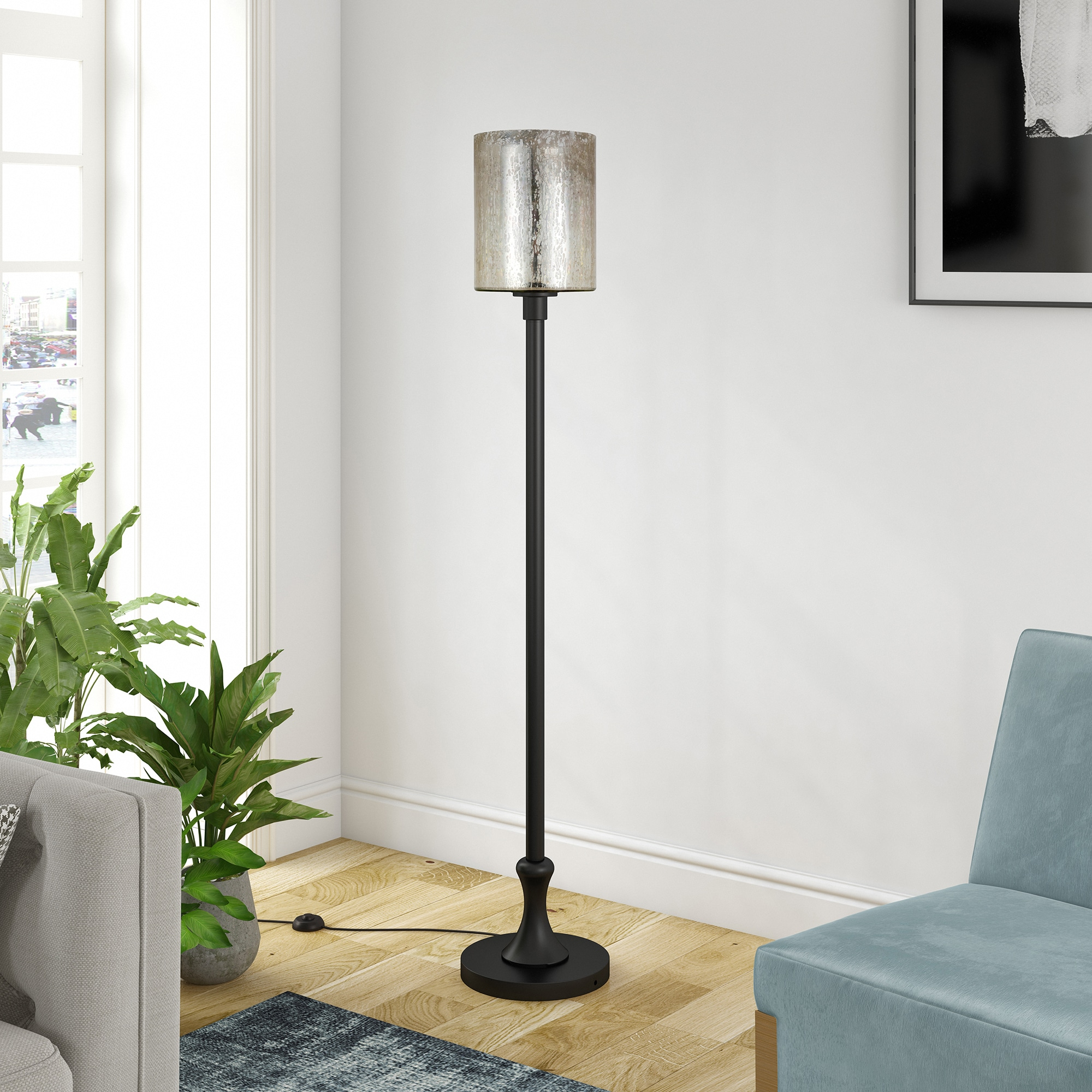 Numit 68.75" Tall Floor Lamp with Glass Shade in Brass/Mercury Glass