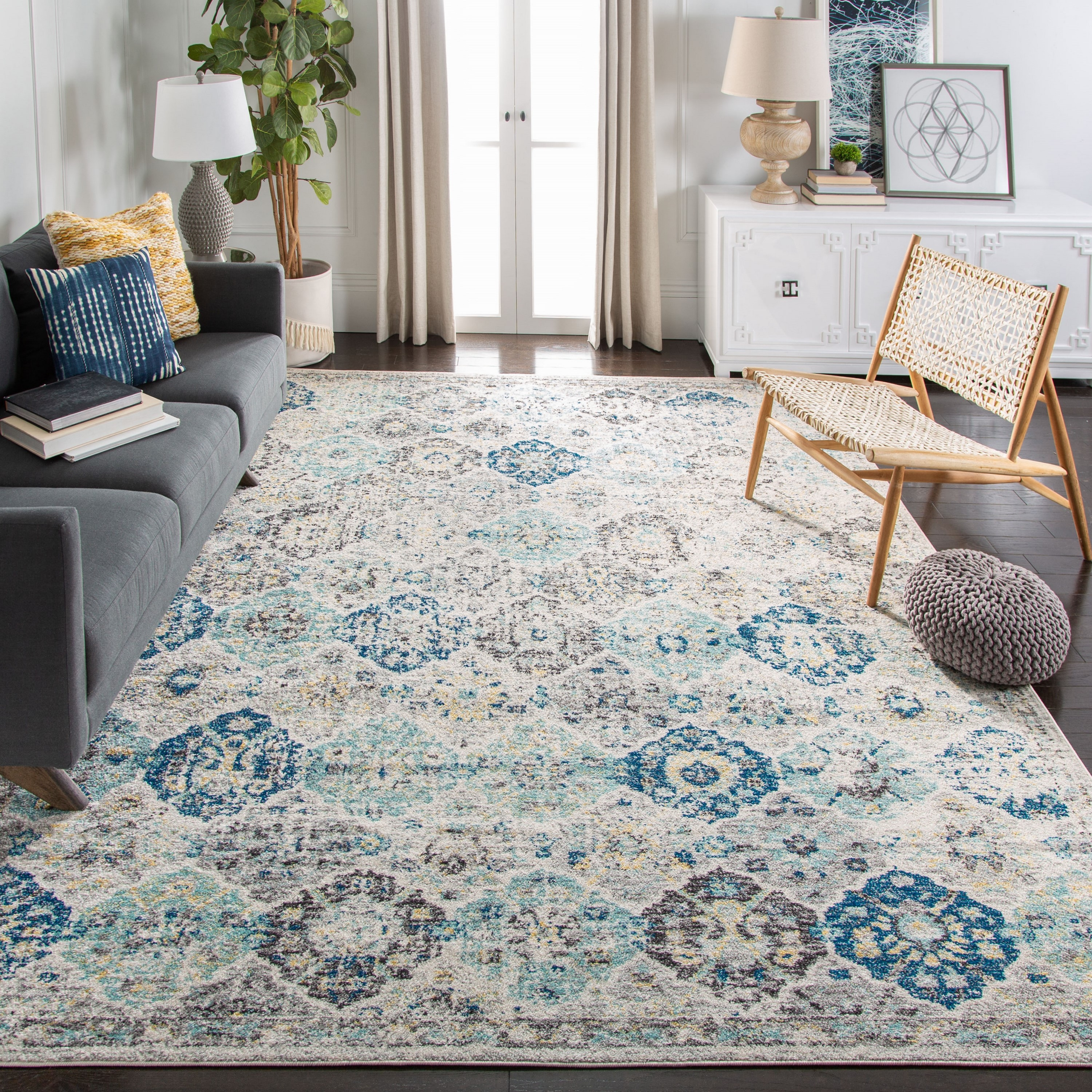 SAFAVIEH Madison Judith Distressed Area Rug, Ivory/Aqua, 12' x 15'