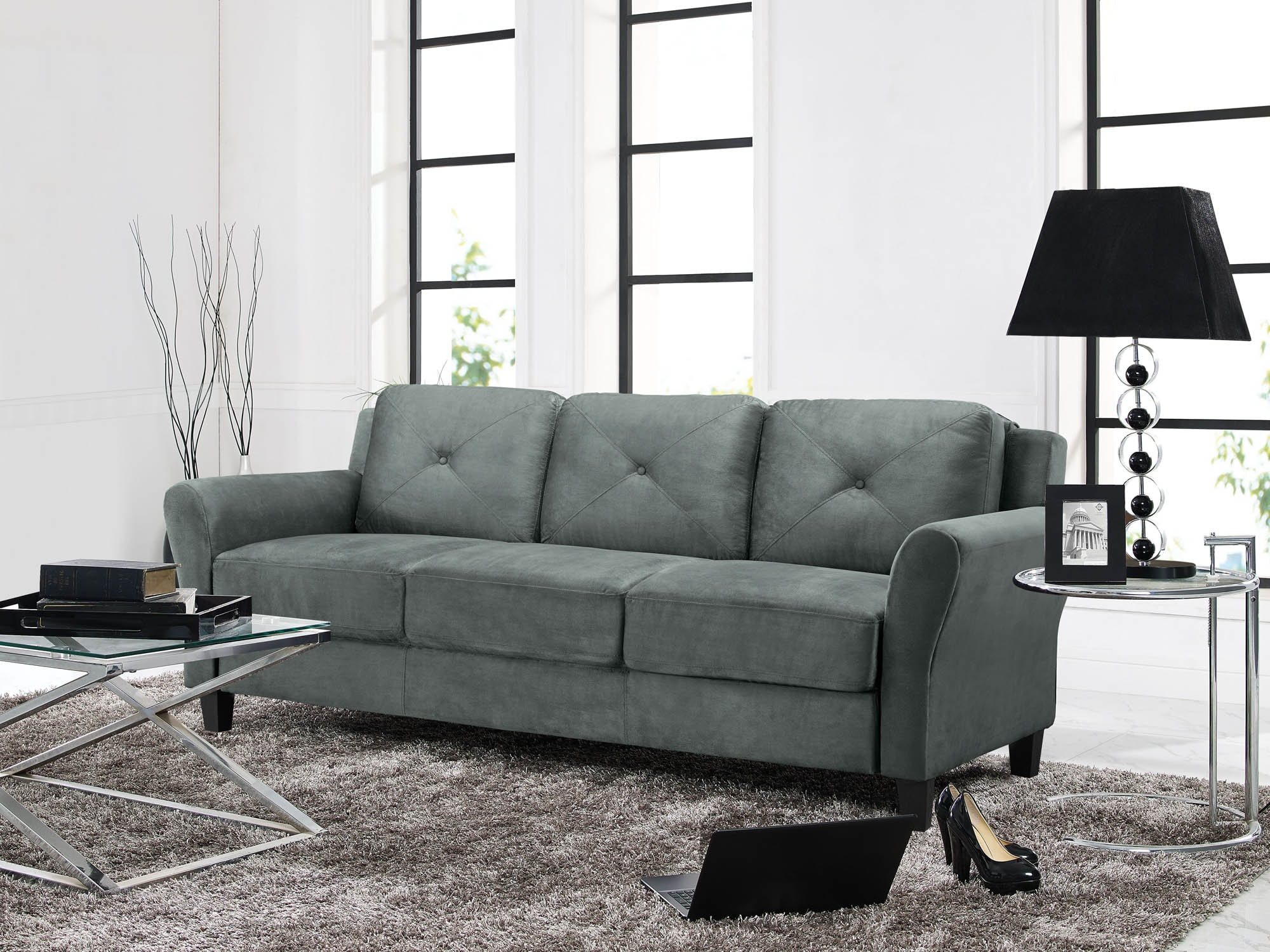 Lifestyle Solutions Taryn Traditional Sofa with Rolled Arms, Dark Gray Fabric