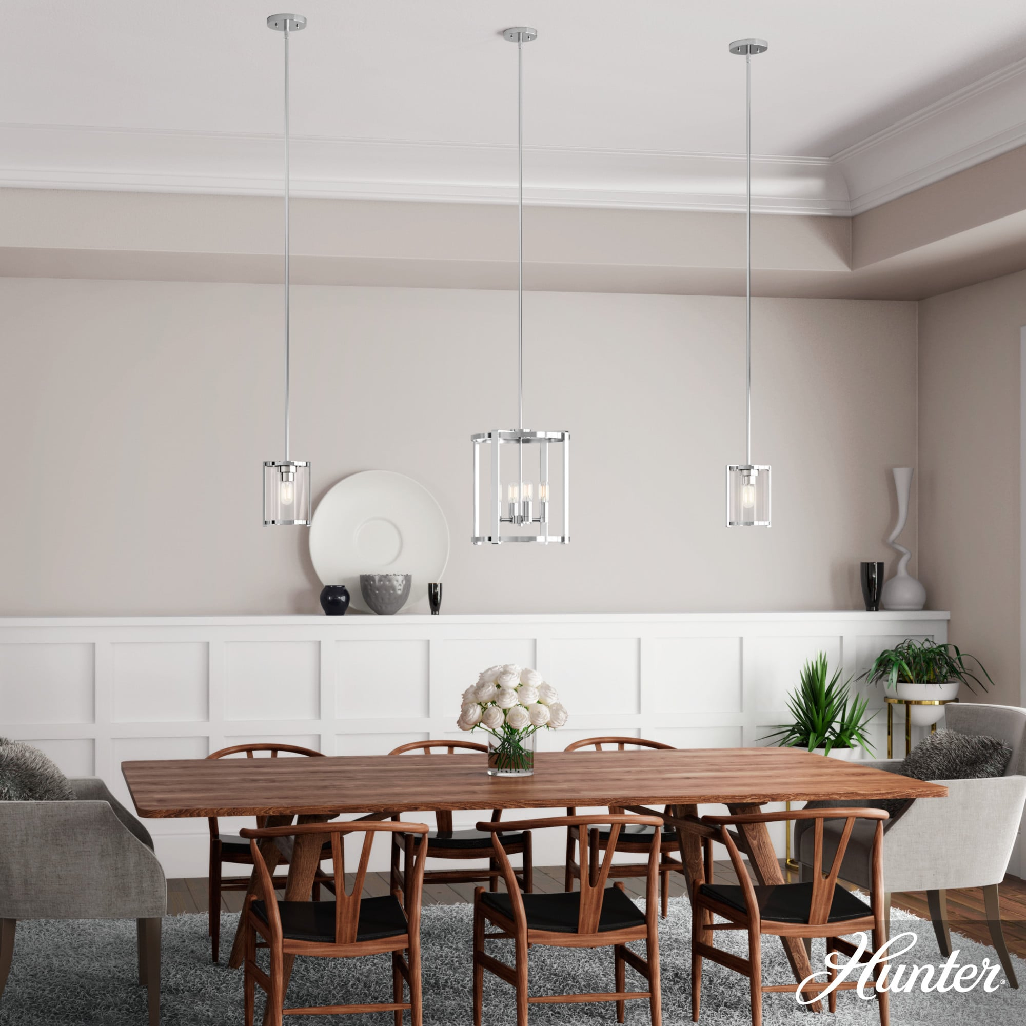 19002-Hunter Fans-Astwood 4-Light Lantern Chandelier in Caged Style-16 Inches Wide by 25.5 Inches High-Polished Nickel Finish