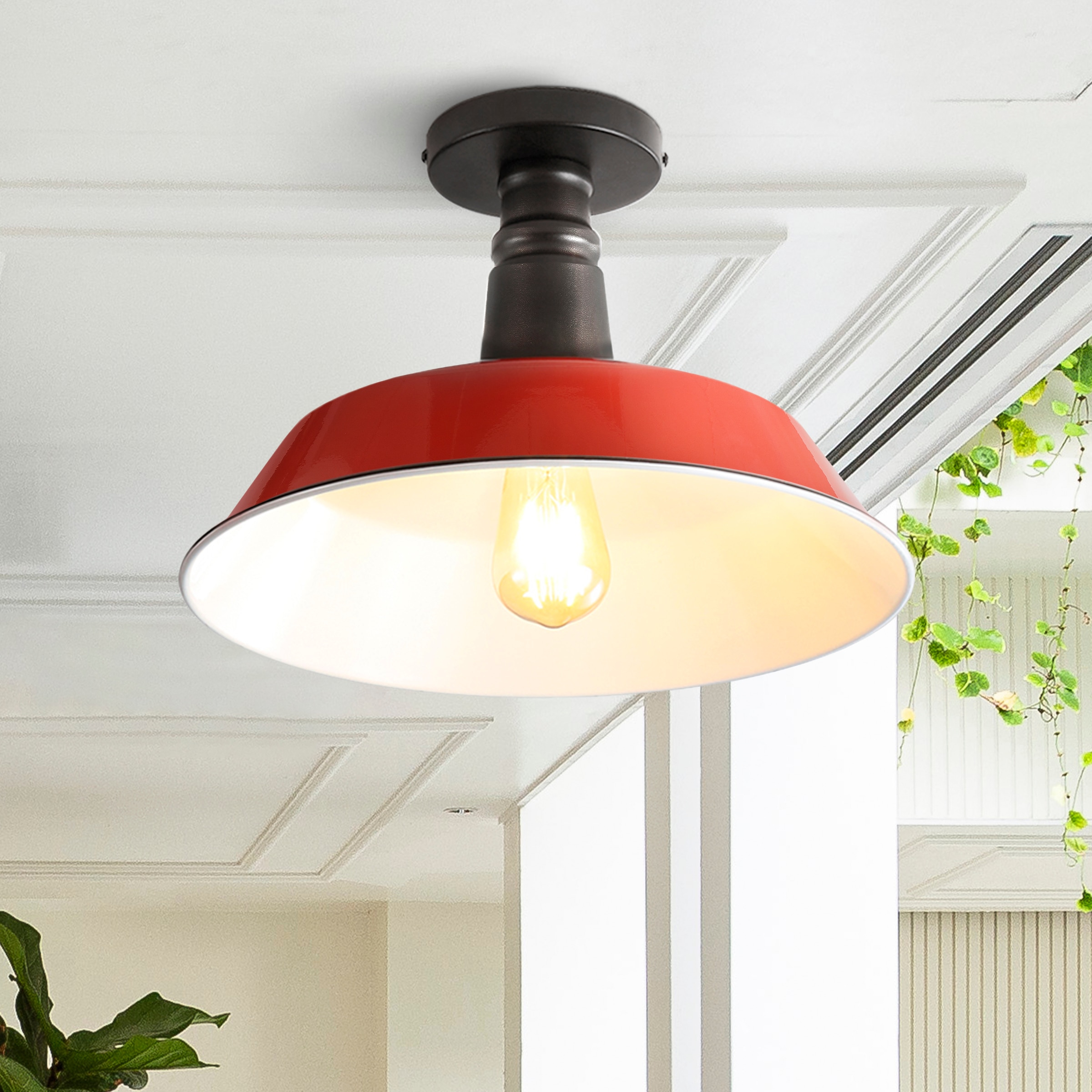 Camila 14" 1-Light Classic Industrial Indoor/Outdoor Iron LED Semi Flush Mount, Red/White