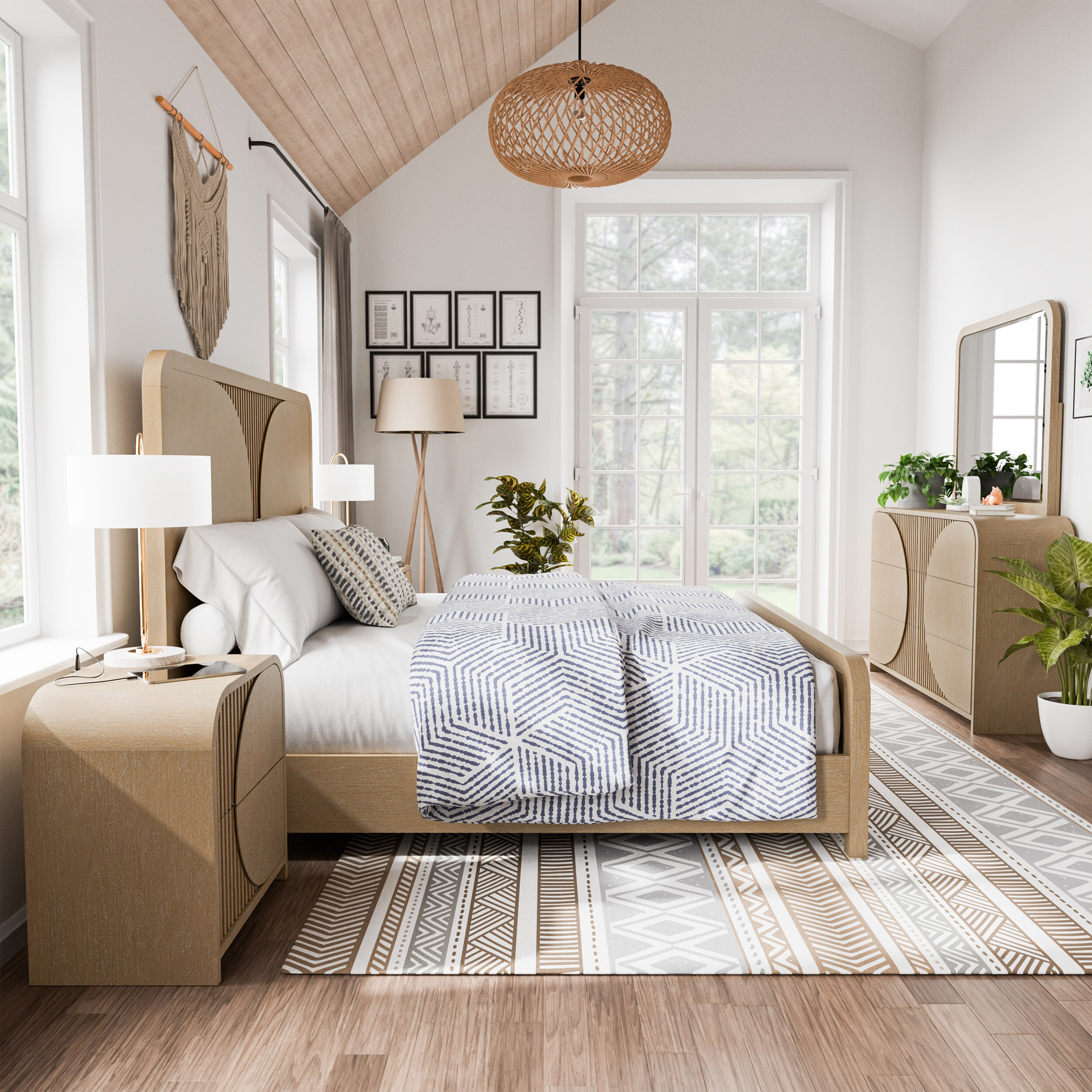 Furniture of America Tissen Modern Solid Wood 5-Piece Queen Bedroom Set with USB Ports, Reeded Panels, Curved Edges and Beveled Mirror, Box Spring Needed, Natural