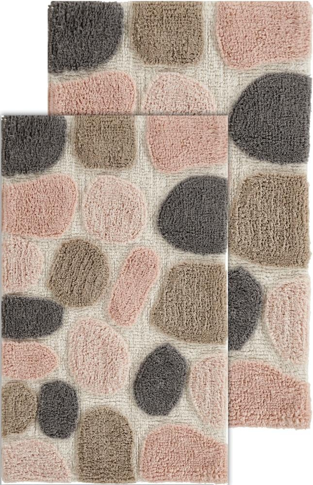Pebble Pattern Pink and Gray Cotton Bath Mat Set