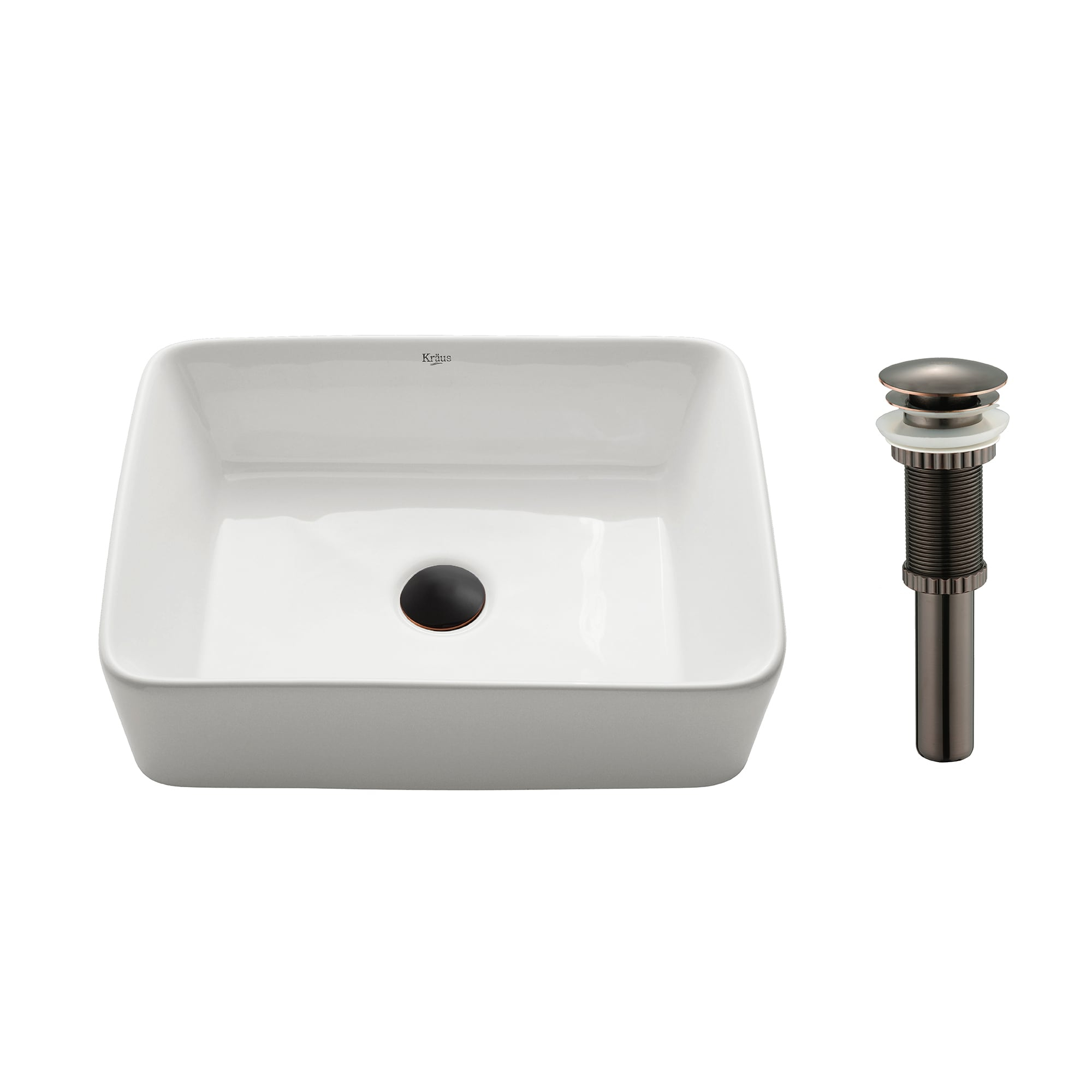 KRAUS Rectangular Ceramic Vessel Bathroom Sink in White with Pop-Up Drain in Oil Rubbed Bronze