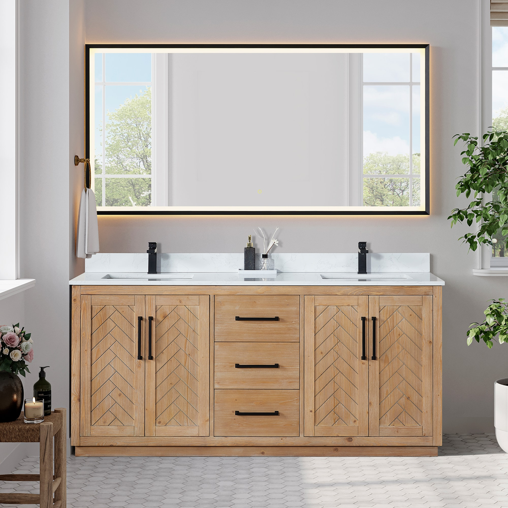 Anais 72" Wood Vanity in Light Brown with White Composite Stone Top with Mirror