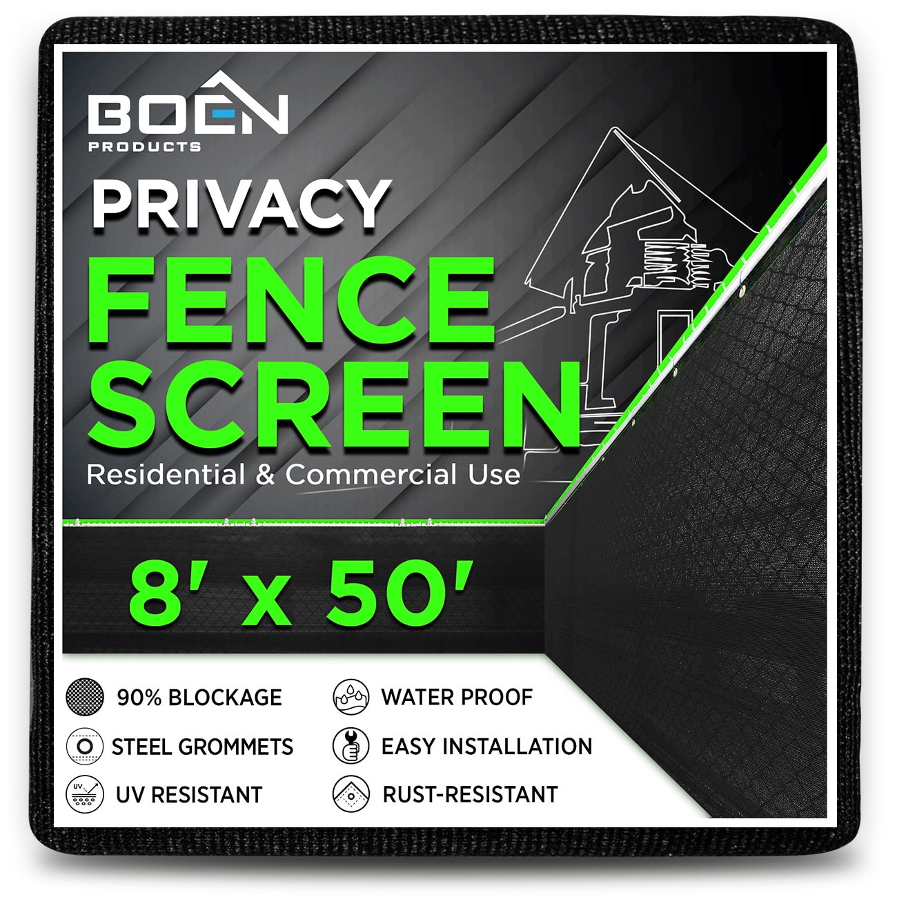 Boen - Backyard Privacy Screen Fence Covering 4' x 50' - Black - Instant Outdoor Privacy Fence Screen for Any Metal, Chain Link, Wood Panels or Plastic Fencing - Shade & Block Wind Privacy Wall