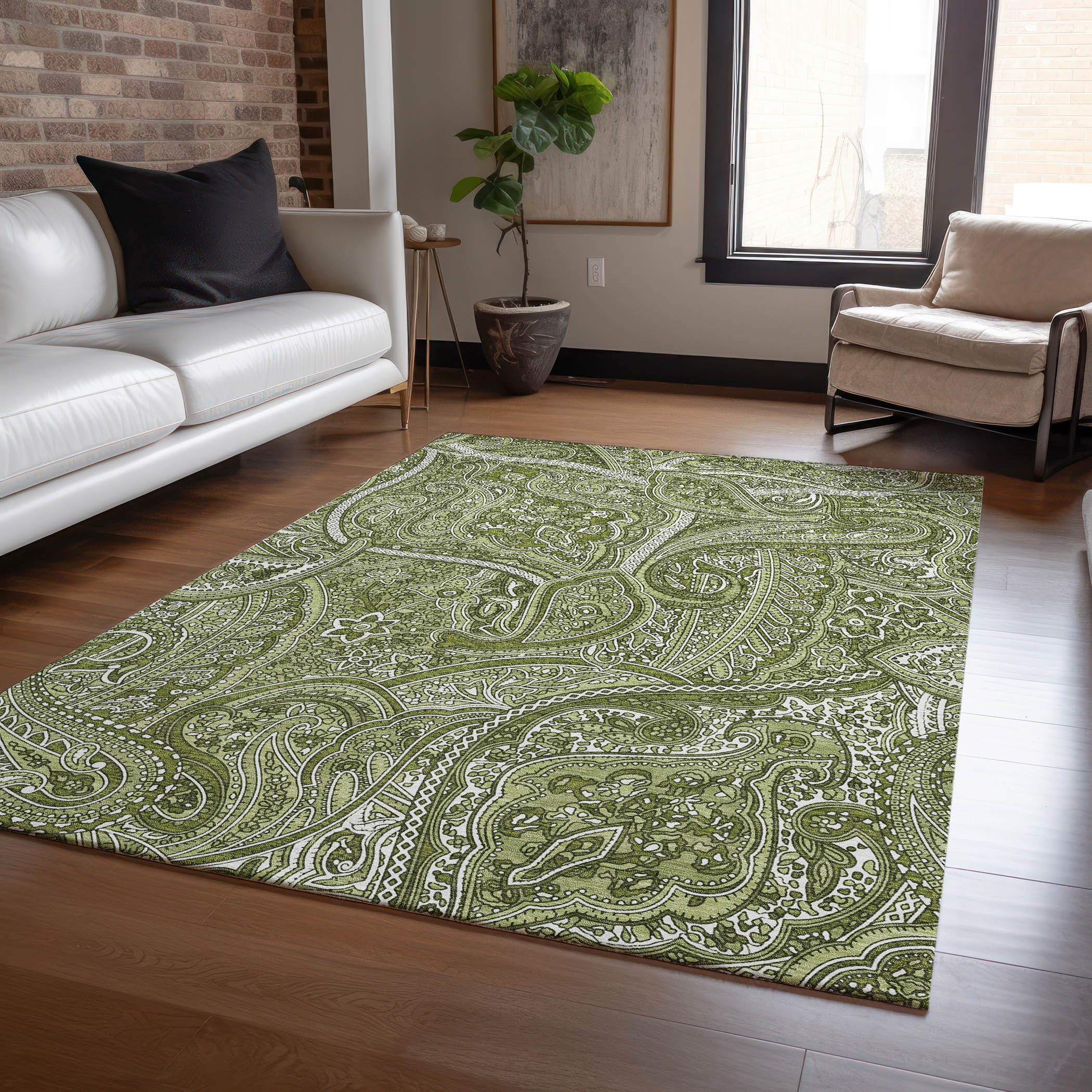 Green Paisley Machine-Washable Indoor Outdoor Rug 3' x 5'