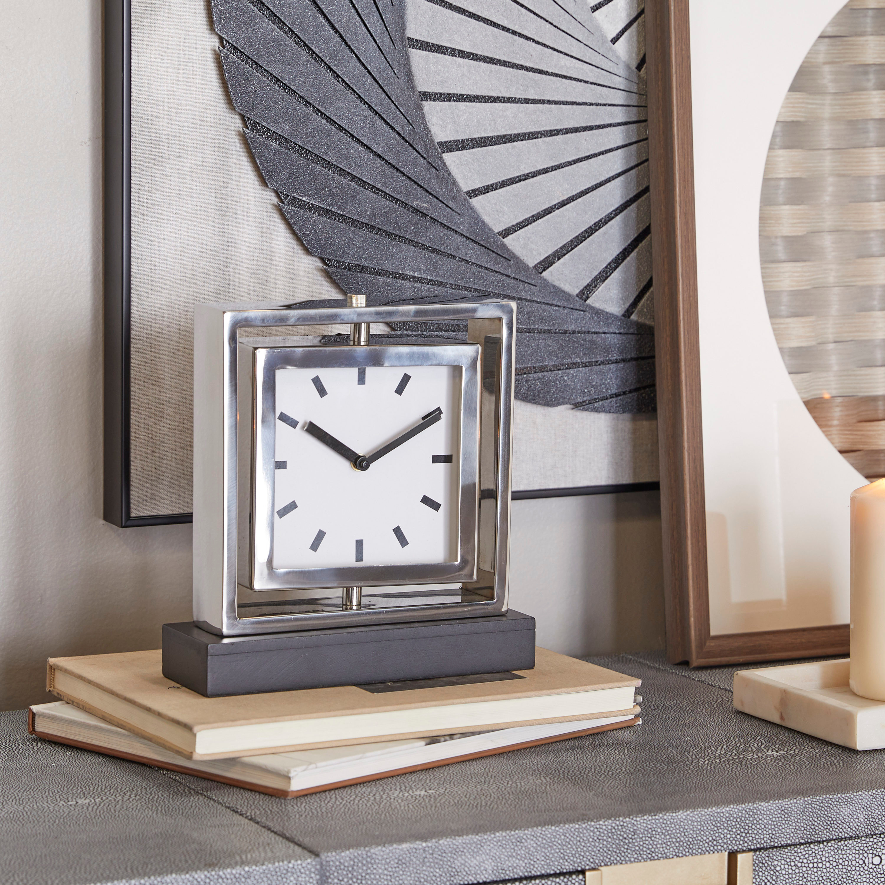 DecMode Stainless Steel Glam Square Table Clock 9"W x 10"H, with Silver Framed Structure, White Clock Face and Black Base